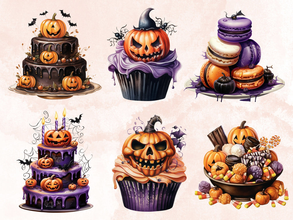 45 PNG Watercolour Halloween Dessert Clipart, Spooky Pumpkin Spice Illustrations Clip art, Halloween Sweets png, Trick or Treat Sublimation