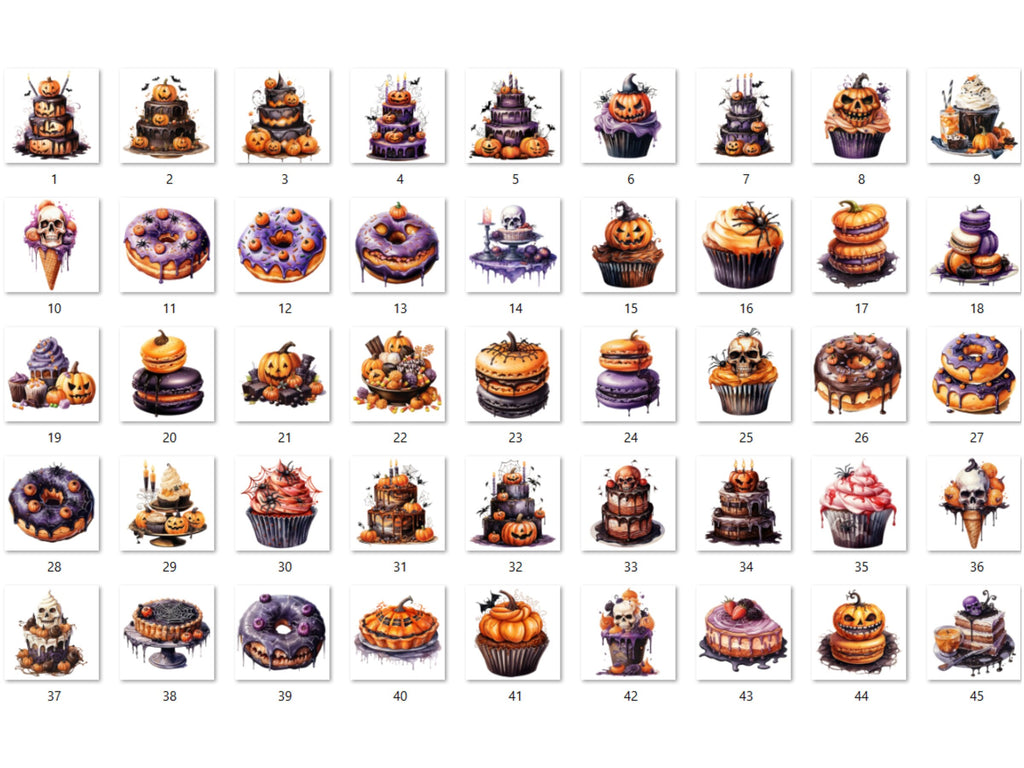45 PNG Watercolour Halloween Dessert Clipart, Spooky Pumpkin Spice Illustrations Clip art, Halloween Sweets png, Trick or Treat Sublimation