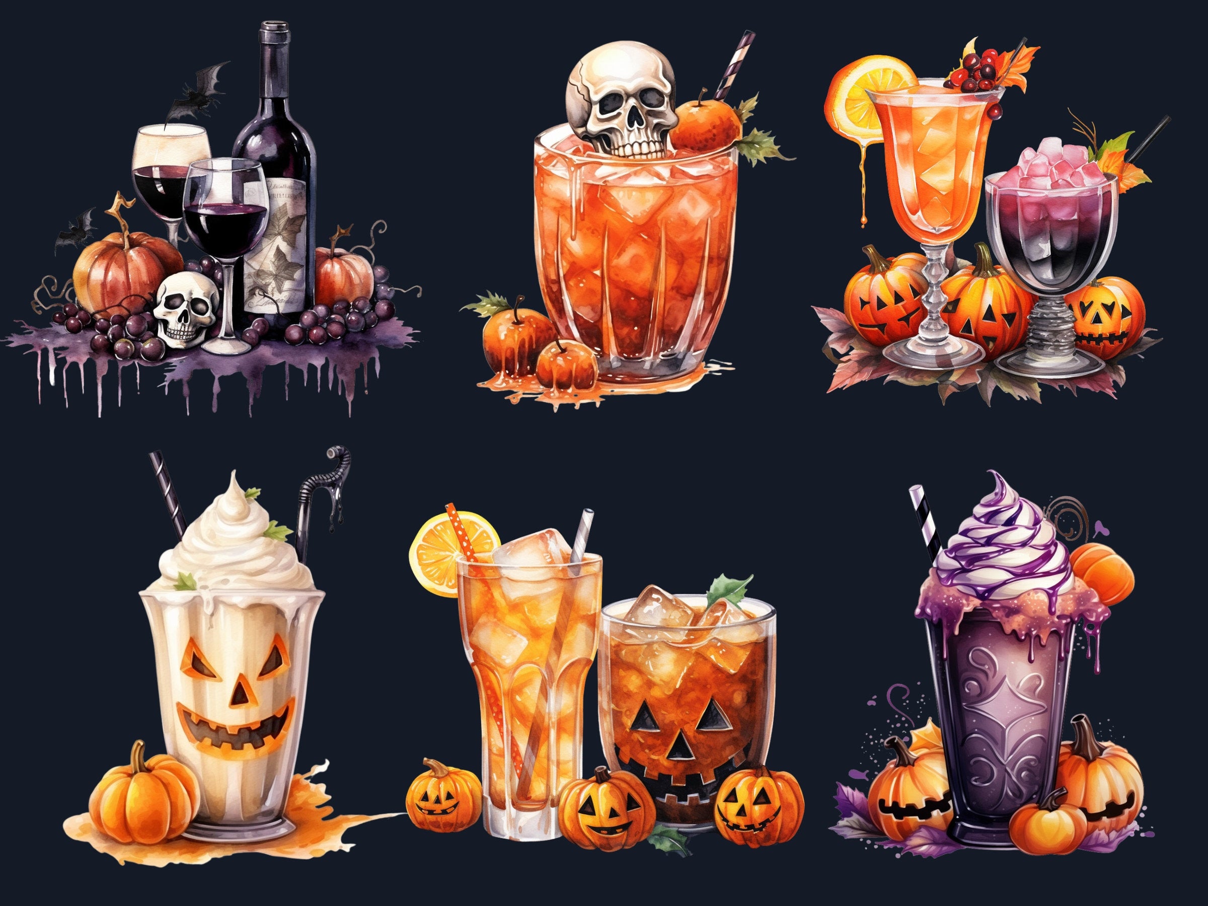 50 PNG Watercolour Halloween Drink Clipart, Pumpkin Spice Latte Illustrations Clip art, Halloween Coffee png, Trick or Treat Sublimation