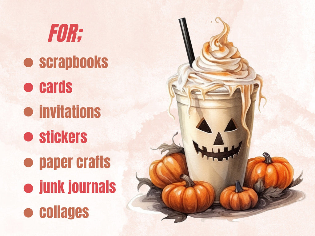 50 PNG Watercolour Halloween Drink Clipart, Pumpkin Spice Latte Illustrations Clip art, Halloween Coffee png, Trick or Treat Sublimation
