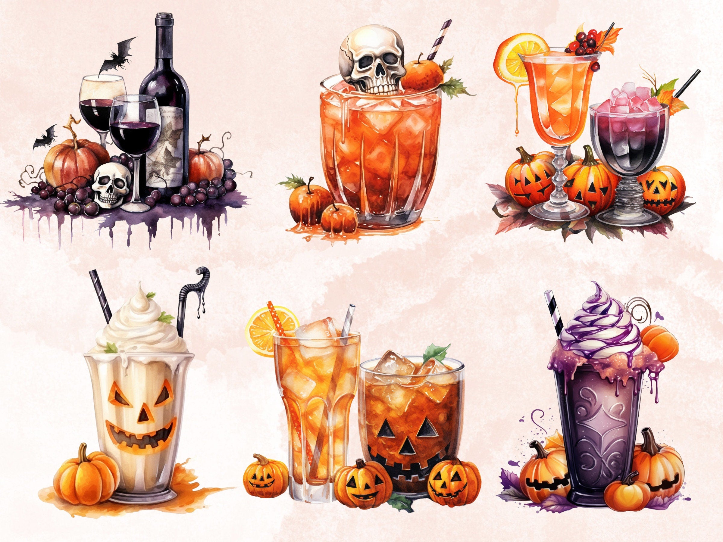 50 PNG Watercolour Halloween Drink Clipart, Pumpkin Spice Latte Illustrations Clip art, Halloween Coffee png, Trick or Treat Sublimation