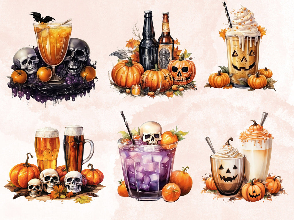 50 PNG Watercolour Halloween Drink Clipart, Pumpkin Spice Latte Illustrations Clip art, Halloween Coffee png, Trick or Treat Sublimation