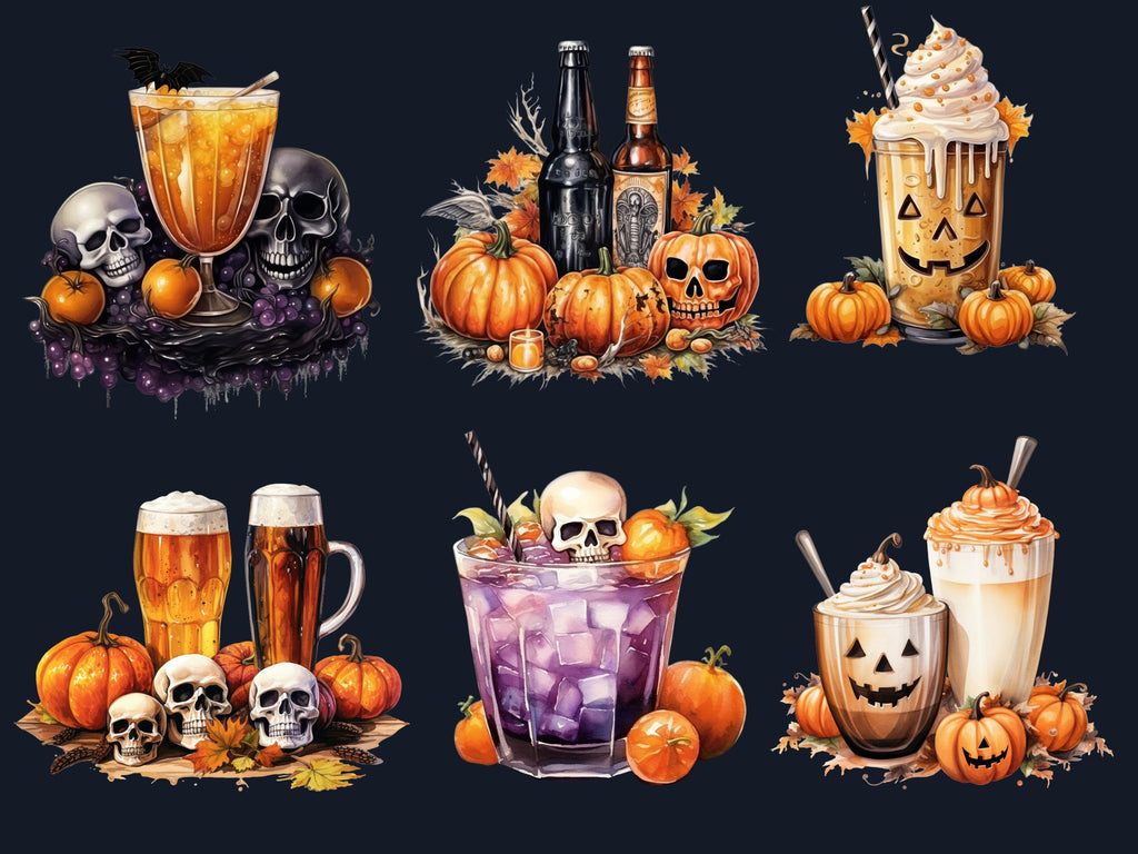 50 PNG Watercolour Halloween Drink Clipart, Pumpkin Spice Latte Illustrations Clip art, Halloween Coffee png, Trick or Treat Sublimation