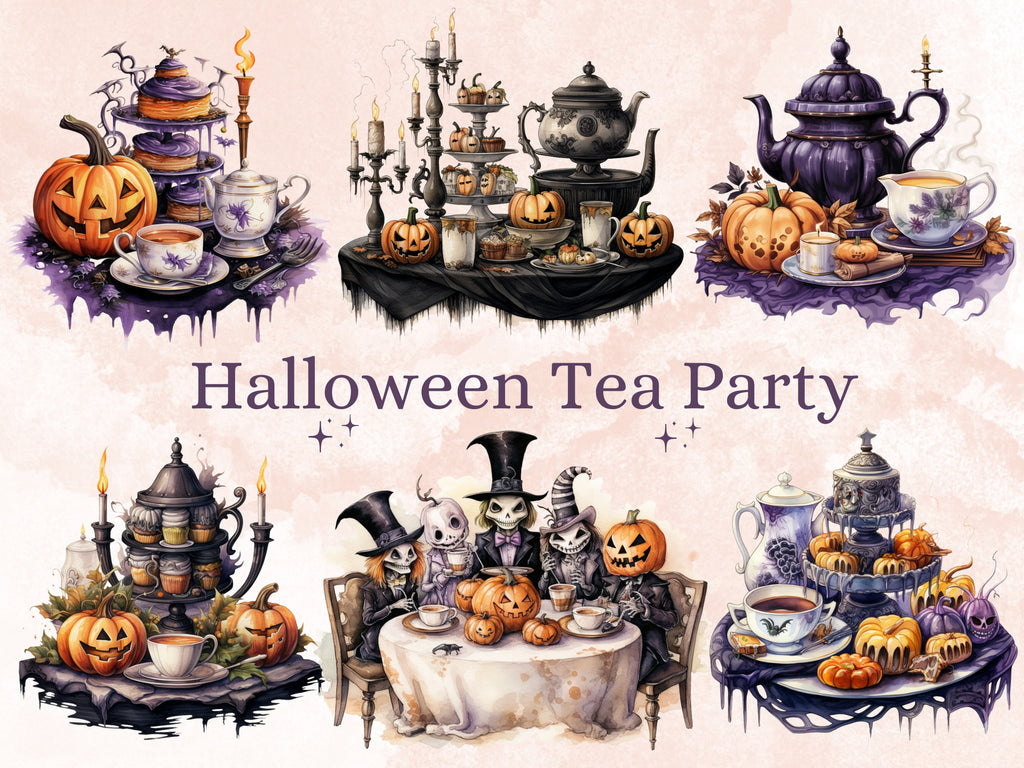 40 PNG Watercolour Halloween Tea Party Clipart, Pumpkin Tea Time Illustrations Clip art, Halloween Decor png, Trick or Treat Sublimation