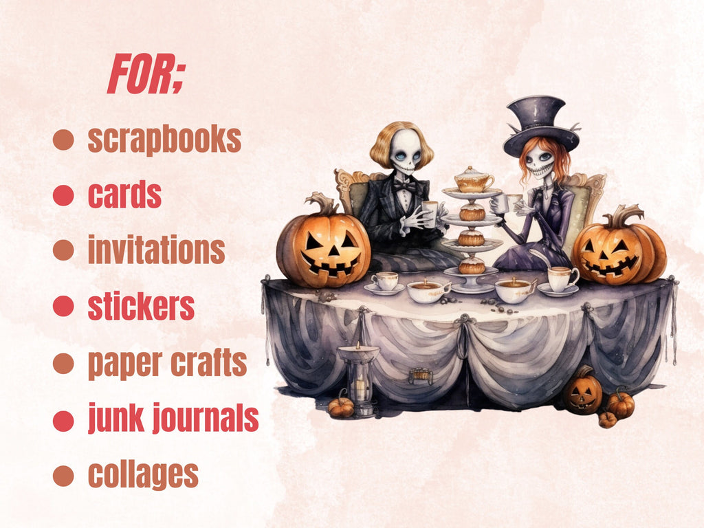 40 PNG Watercolour Halloween Tea Party Clipart, Pumpkin Tea Time Illustrations Clip art, Halloween Decor png, Trick or Treat Sublimation