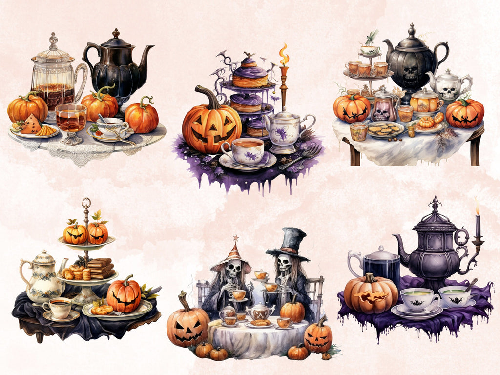 40 PNG Watercolour Halloween Tea Party Clipart, Pumpkin Tea Time Illustrations Clip art, Halloween Decor png, Trick or Treat Sublimation