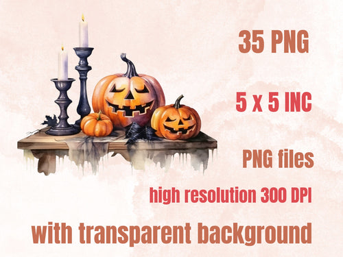35 PNG Watercolor Halloween Decor Clipart, Cozy Halloween Interior Illustrations Clip art, Fall Witchcraft png, Autumn Pumpkin Sublimation
