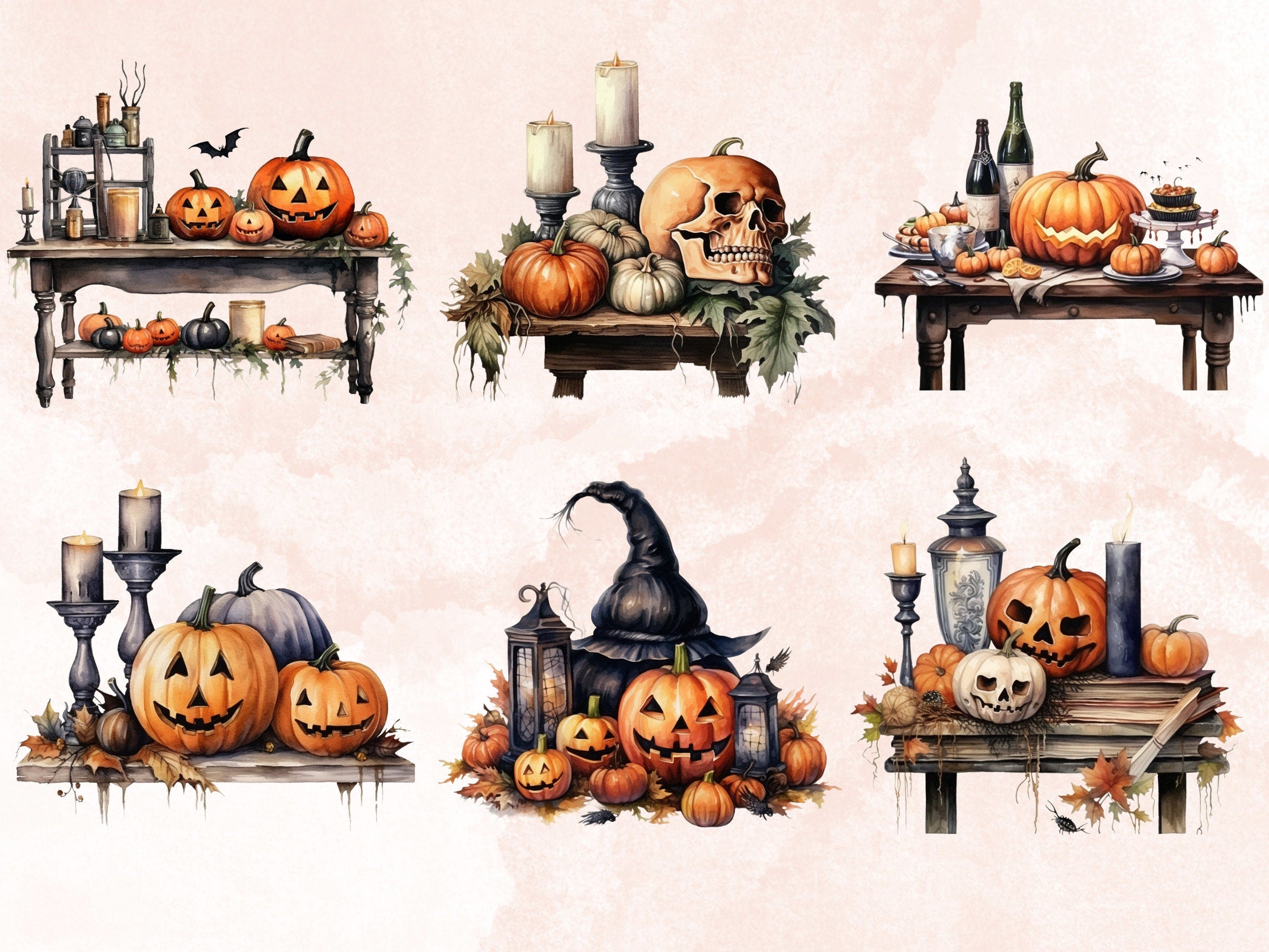 35 PNG Watercolor Halloween Decor Clipart, Cozy Halloween Interior Illustrations Clip art, Fall Witchcraft png, Autumn Pumpkin Sublimation