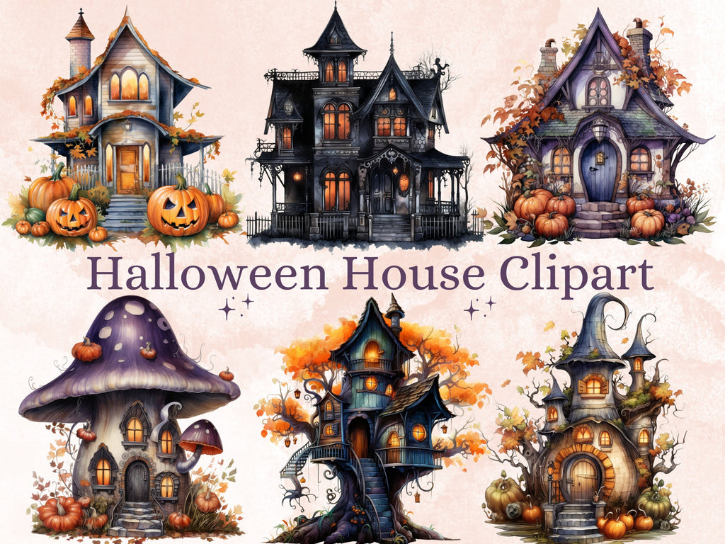 40 PNG Watercolor Halloween House Clipart, Haunted Mansion Illustrations Clip art, Pumpkin Fairy House png, Spooky Witch House Sublimation