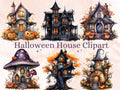 40 PNG Watercolor Halloween House Clipart, Haunted Mansion Illustrations Clip art, Pumpkin Fairy House png, Spooky Witch House Sublimation