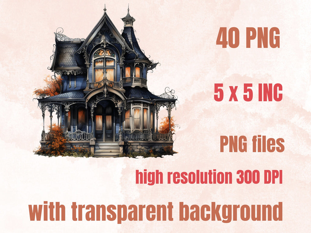 40 PNG Watercolor Halloween House Clipart, Haunted Mansion Illustrations Clip art, Pumpkin Fairy House png, Spooky Witch House Sublimation