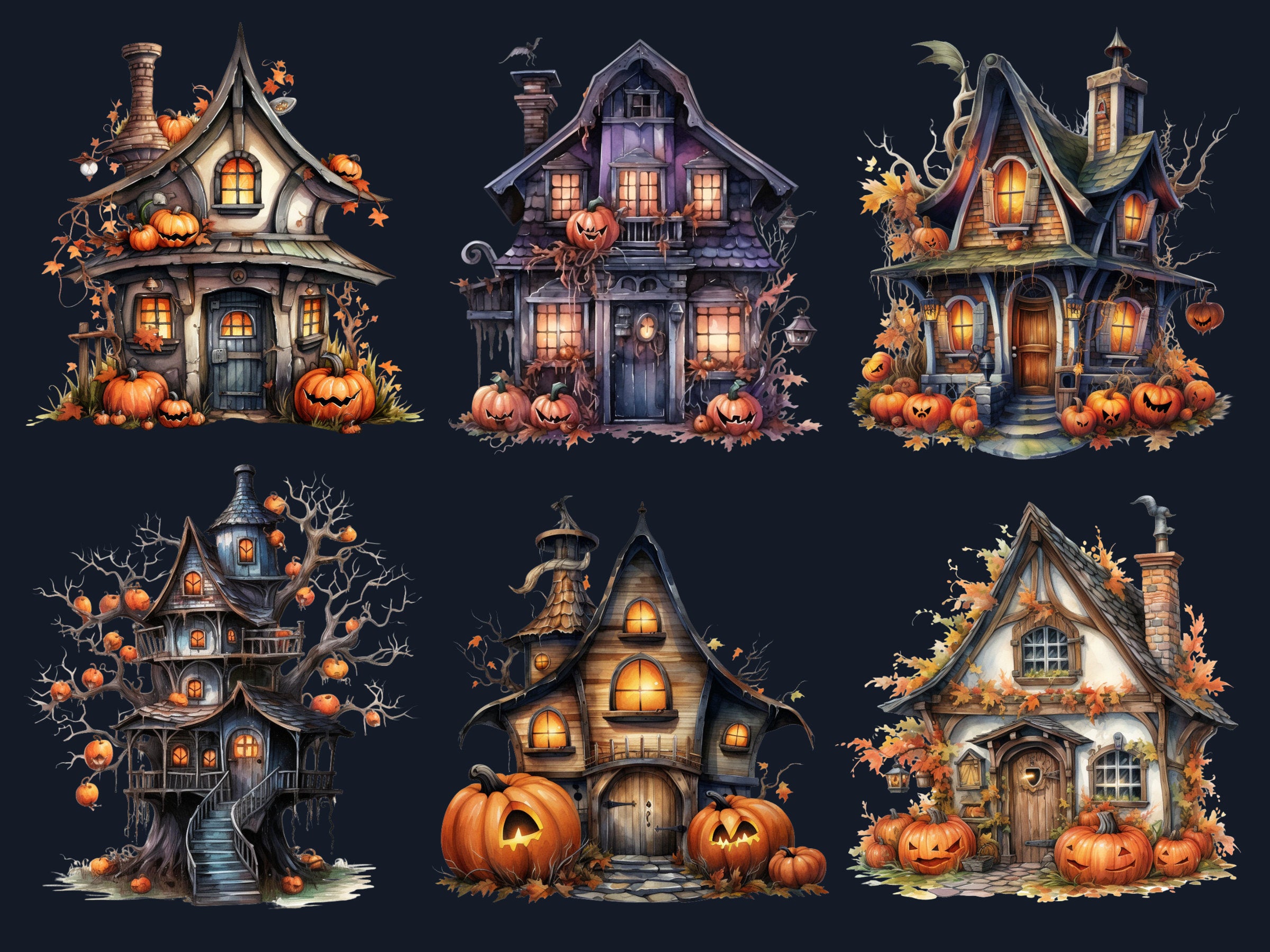 40 PNG Watercolor Halloween House Clipart, Haunted Mansion Illustrations Clip art, Pumpkin Fairy House png, Spooky Witch House Sublimation