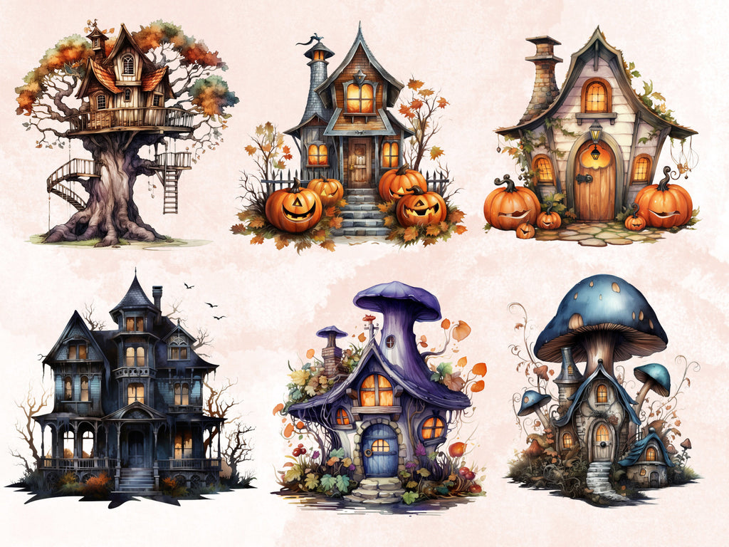 40 PNG Watercolor Halloween House Clipart, Haunted Mansion Illustrations Clip art, Pumpkin Fairy House png, Spooky Witch House Sublimation