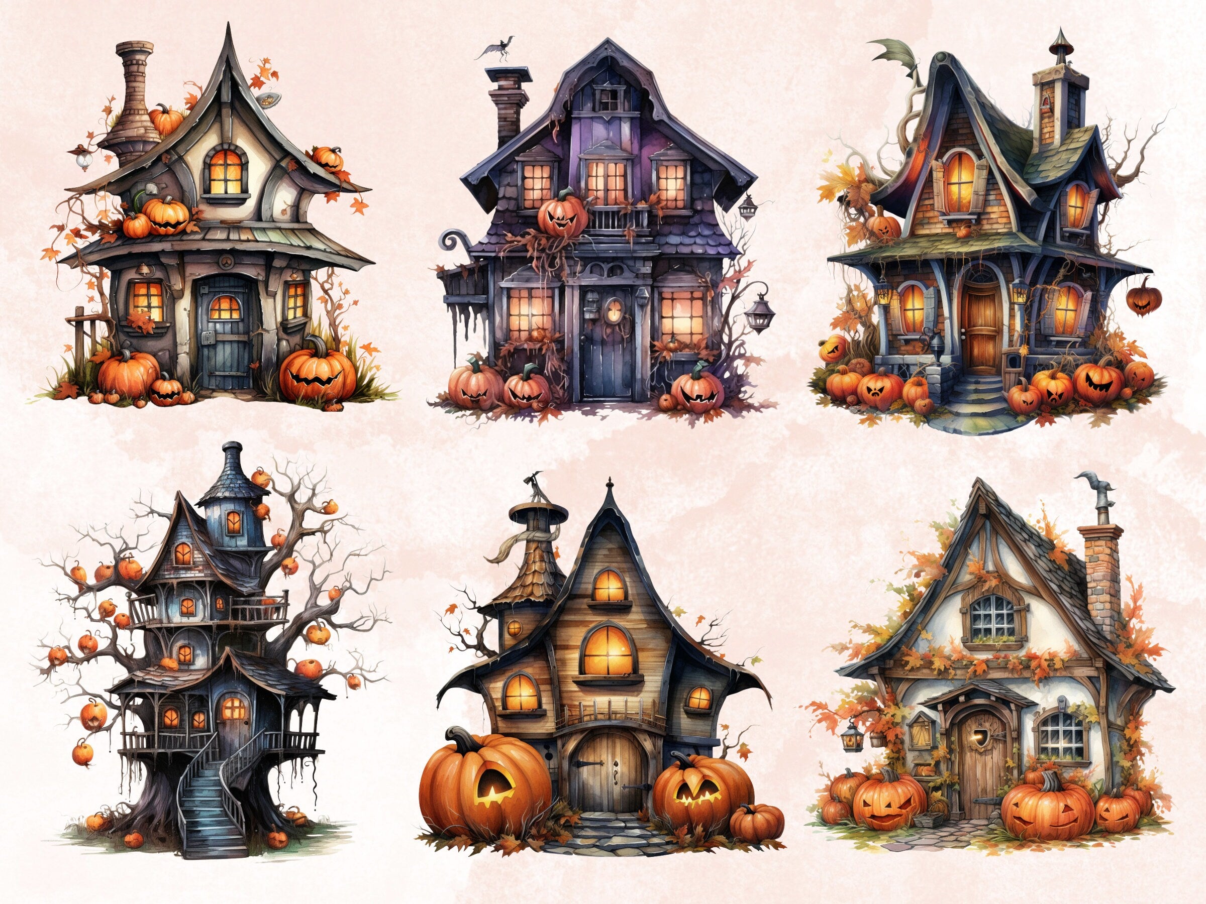 40 PNG Watercolor Halloween House Clipart, Haunted Mansion Illustrations Clip art, Pumpkin Fairy House png, Spooky Witch House Sublimation