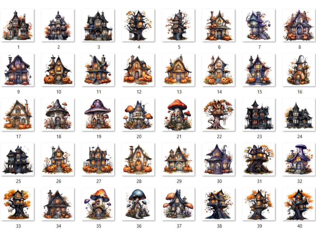 40 PNG Watercolor Halloween House Clipart, Haunted Mansion Illustrations Clip art, Pumpkin Fairy House png, Spooky Witch House Sublimation