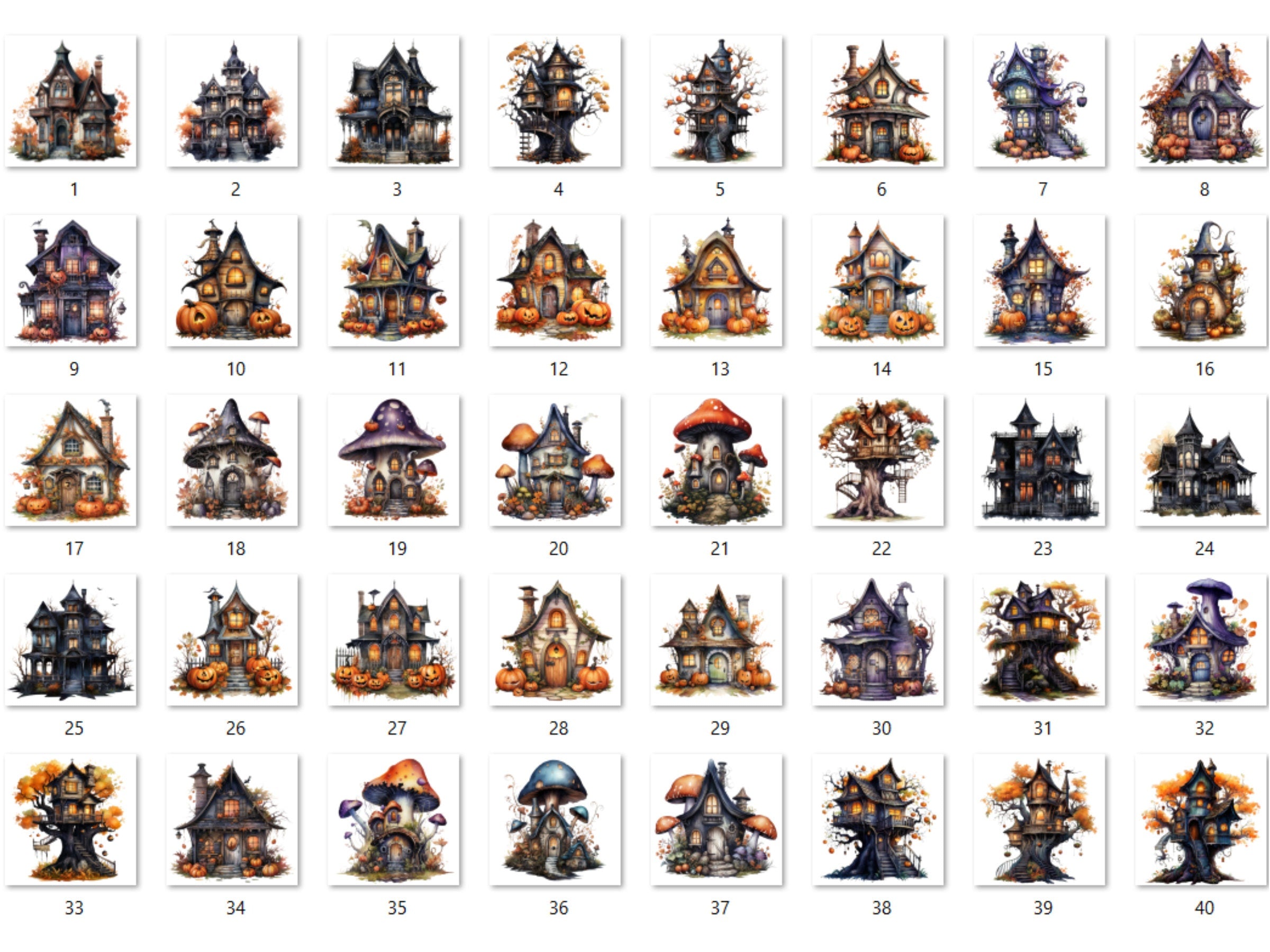 40 PNG Watercolor Halloween House Clipart, Haunted Mansion Illustrations Clip art, Pumpkin Fairy House png, Spooky Witch House Sublimation