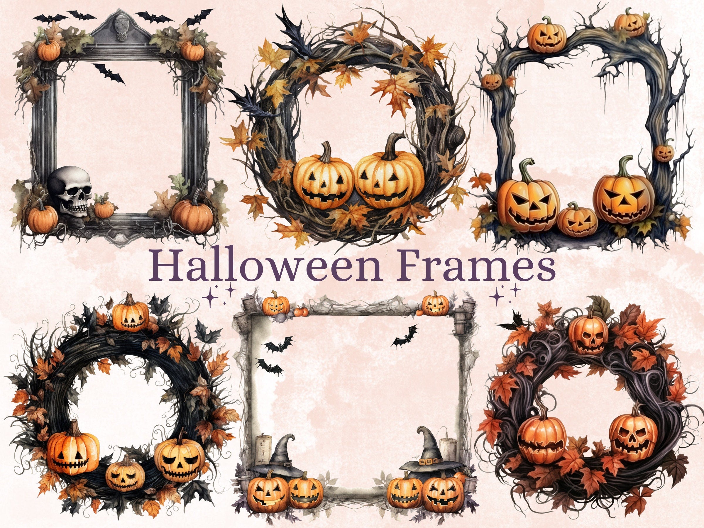 40 PNG Watercolor Halloween Frames Clipart, Halloween Wreaths Illustrations Clip art, Fall Witchcraft png, Autumn Pumpkin Border Sublimation
