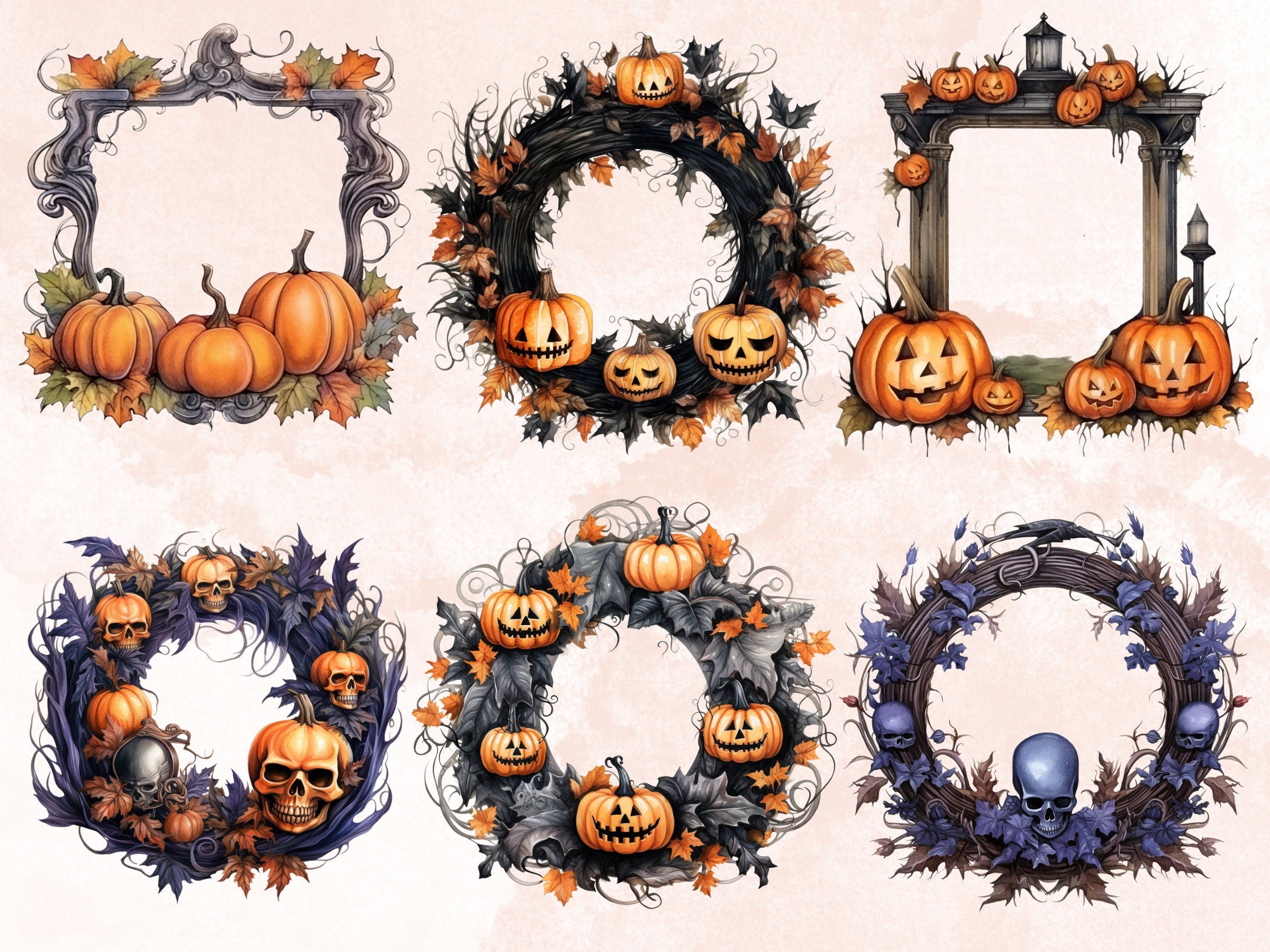 40 PNG Watercolor Halloween Frames Clipart, Halloween Wreaths Illustrations Clip art, Fall Witchcraft png, Autumn Pumpkin Border Sublimation
