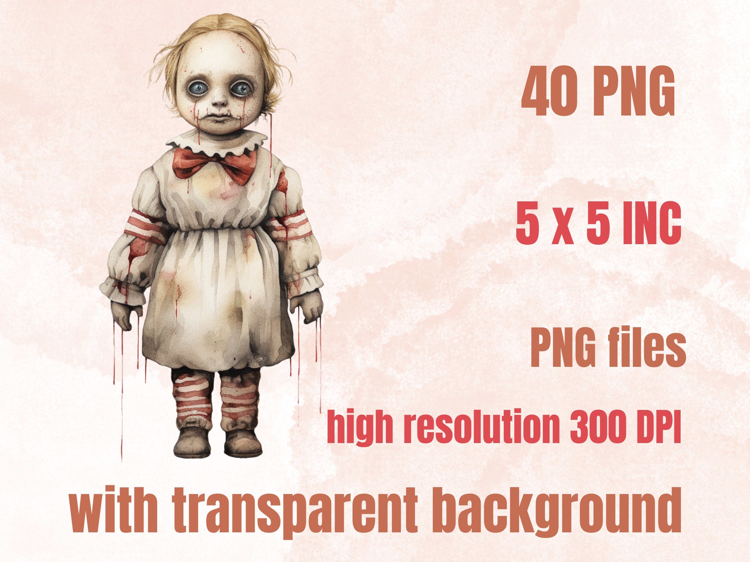 40 PNG Watercolor Halloween Spooky Dolls Clipart, Horror Halloween Illustrations Clip art, Cute Creepy Doll png, Gothic Scary Sublimation