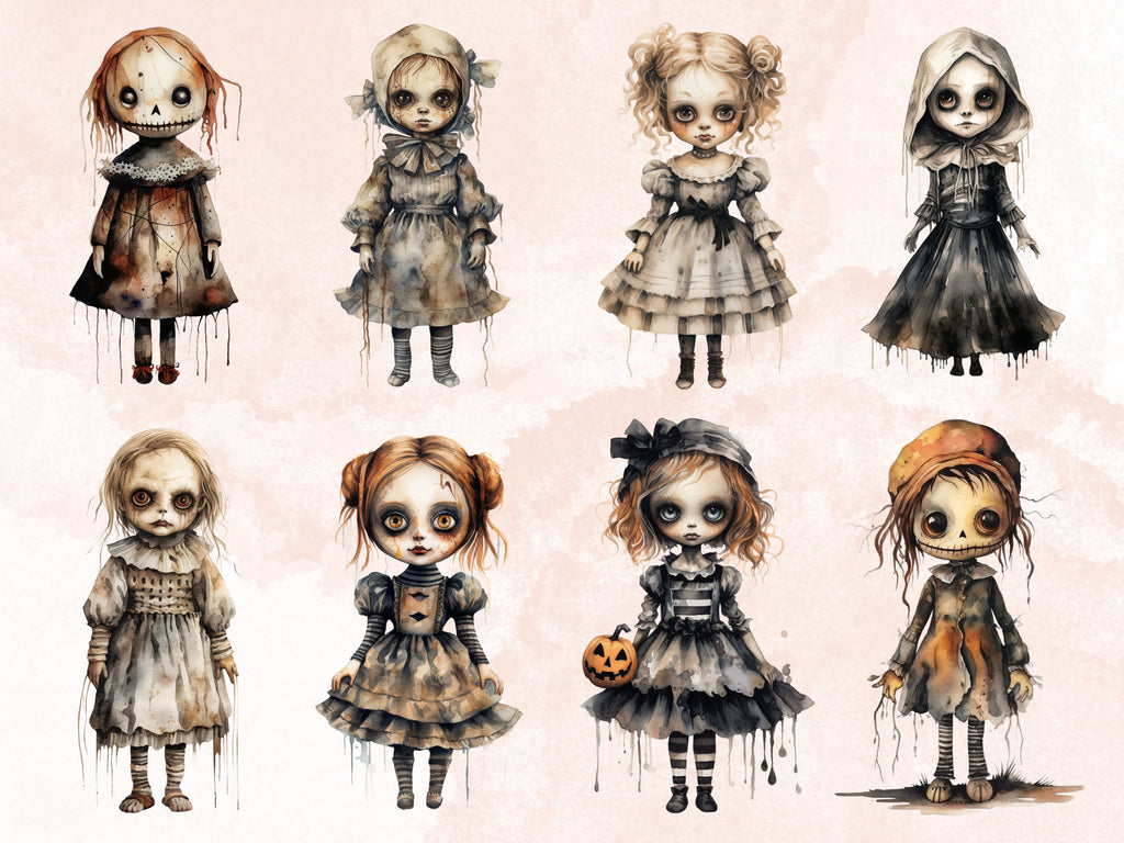 40 PNG Watercolor Halloween Spooky Dolls Clipart, Horror Halloween Illustrations Clip art, Cute Creepy Doll png, Gothic Scary Sublimation