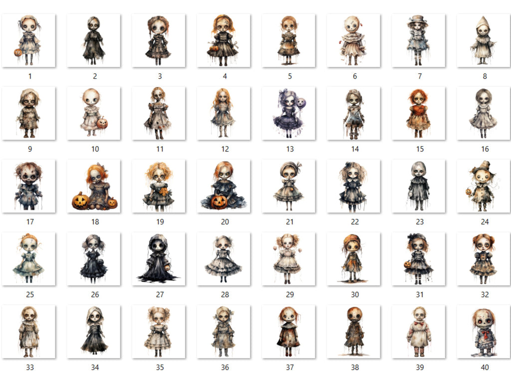 40 PNG Watercolor Halloween Spooky Dolls Clipart, Horror Halloween Illustrations Clip art, Cute Creepy Doll png, Gothic Scary Sublimation
