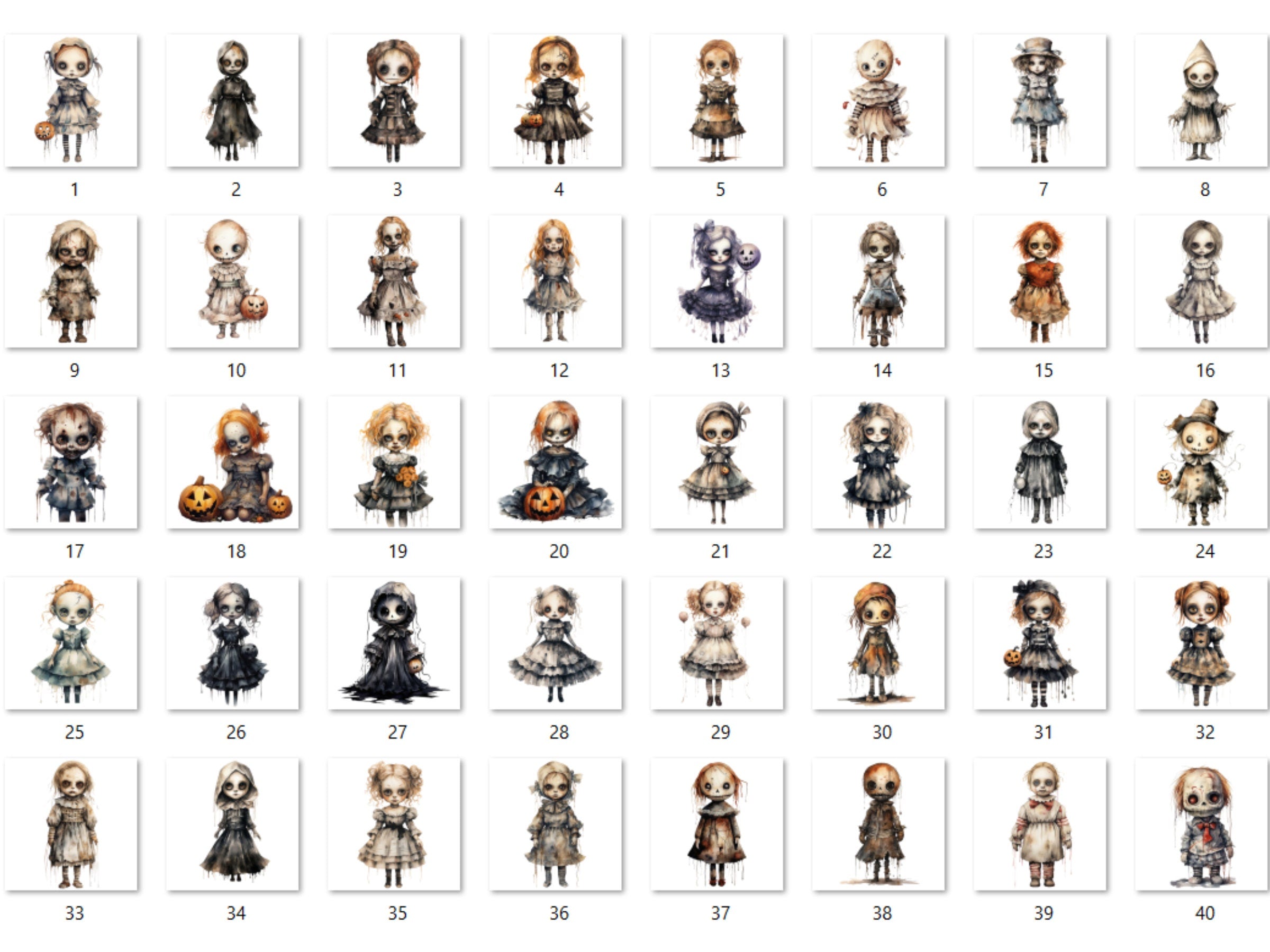 40 PNG Watercolor Halloween Spooky Dolls Clipart, Horror Halloween Illustrations Clip art, Cute Creepy Doll png, Gothic Scary Sublimation