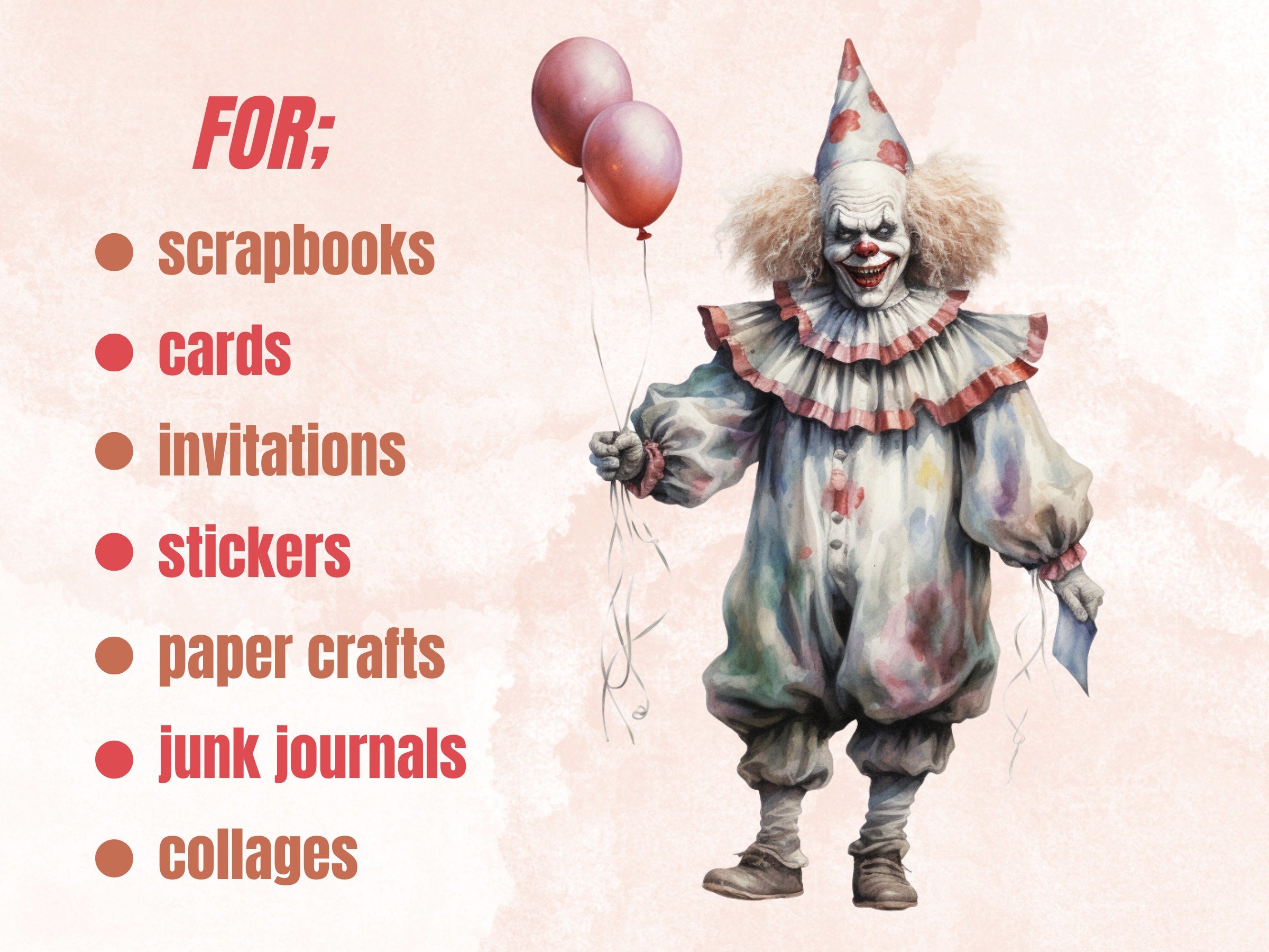 45 PNG Watercolor Halloween Clown Clipart, Horror Halloween Circus Illustrations Clip art, Cute Creepy Clowns png, Gothic Scary Sublimation