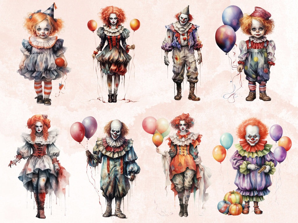 45 PNG Watercolor Halloween Clown Clipart, Horror Halloween Circus Illustrations Clip art, Cute Creepy Clowns png, Gothic Scary Sublimation