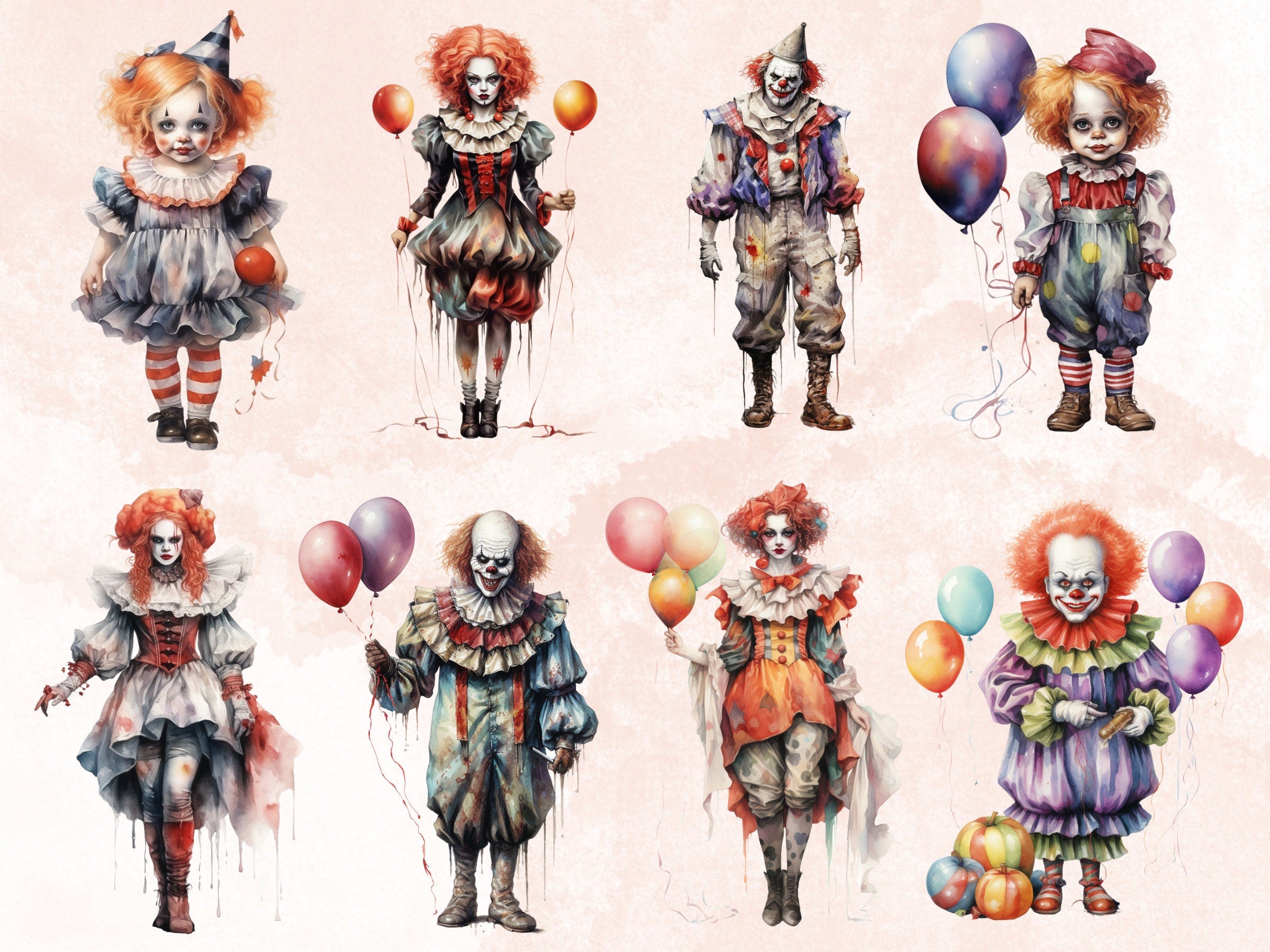 45 PNG Watercolor Halloween Clown Clipart, Horror Halloween Circus Illustrations Clip art, Cute Creepy Clowns png, Gothic Scary Sublimation