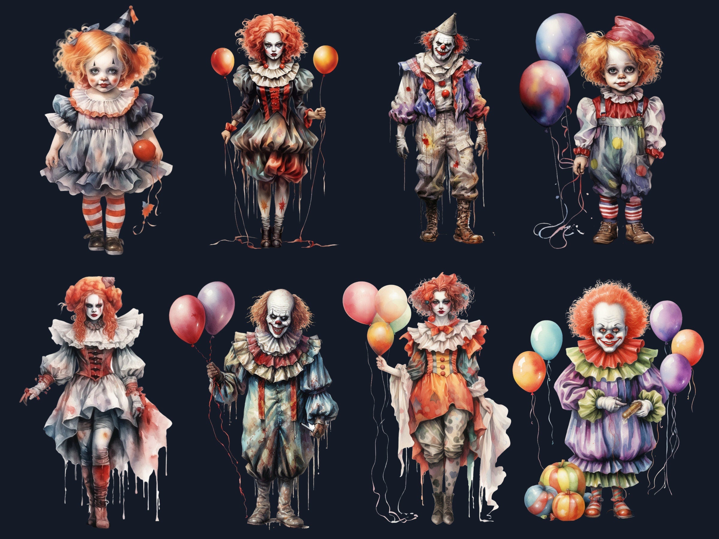 45 PNG Watercolor Halloween Clown Clipart, Horror Halloween Circus Illustrations Clip art, Cute Creepy Clowns png, Gothic Scary Sublimation