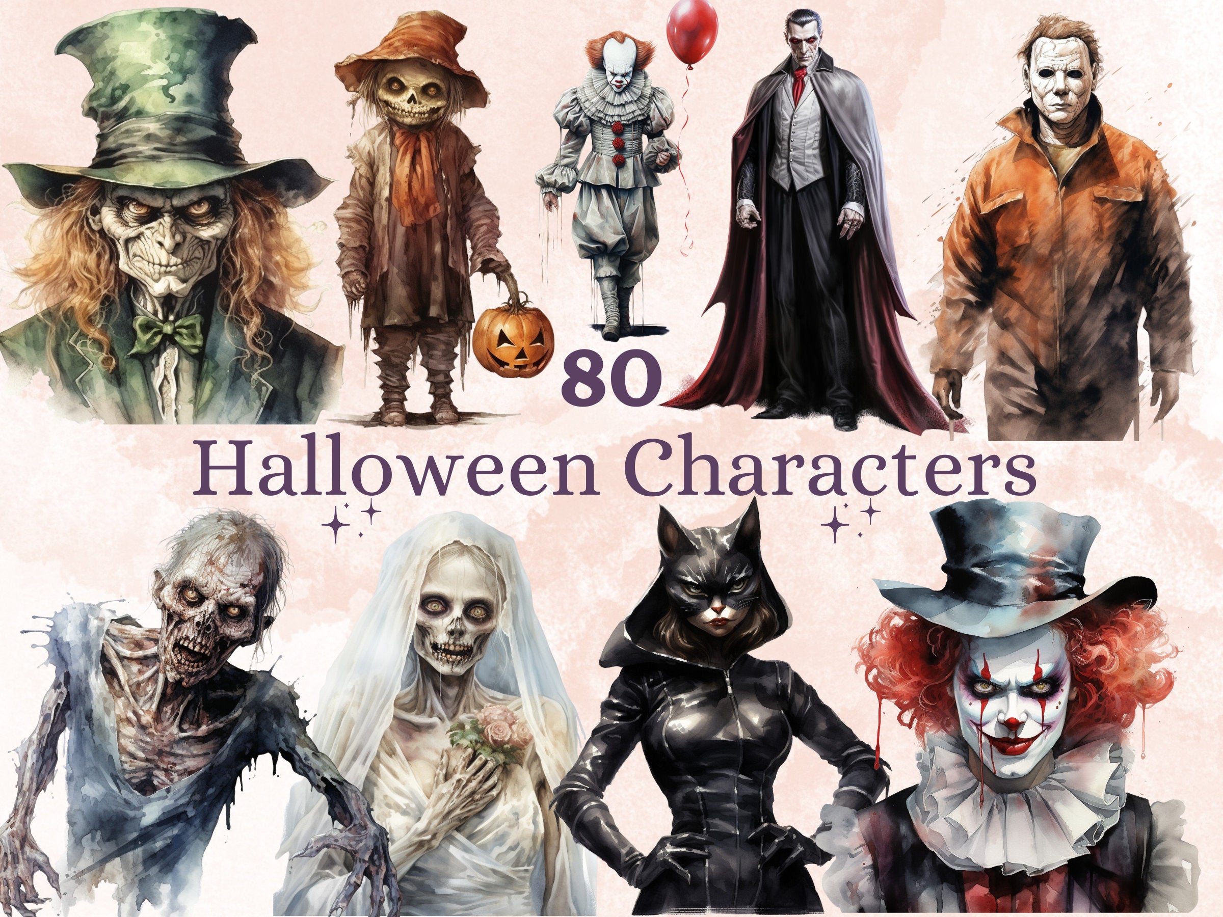 80 PNG Watercolor Halloween Characters Big Bundle Clipart, Horror Halloween Illustrations Clip art, Evil Characters png, Creepy Sublimation