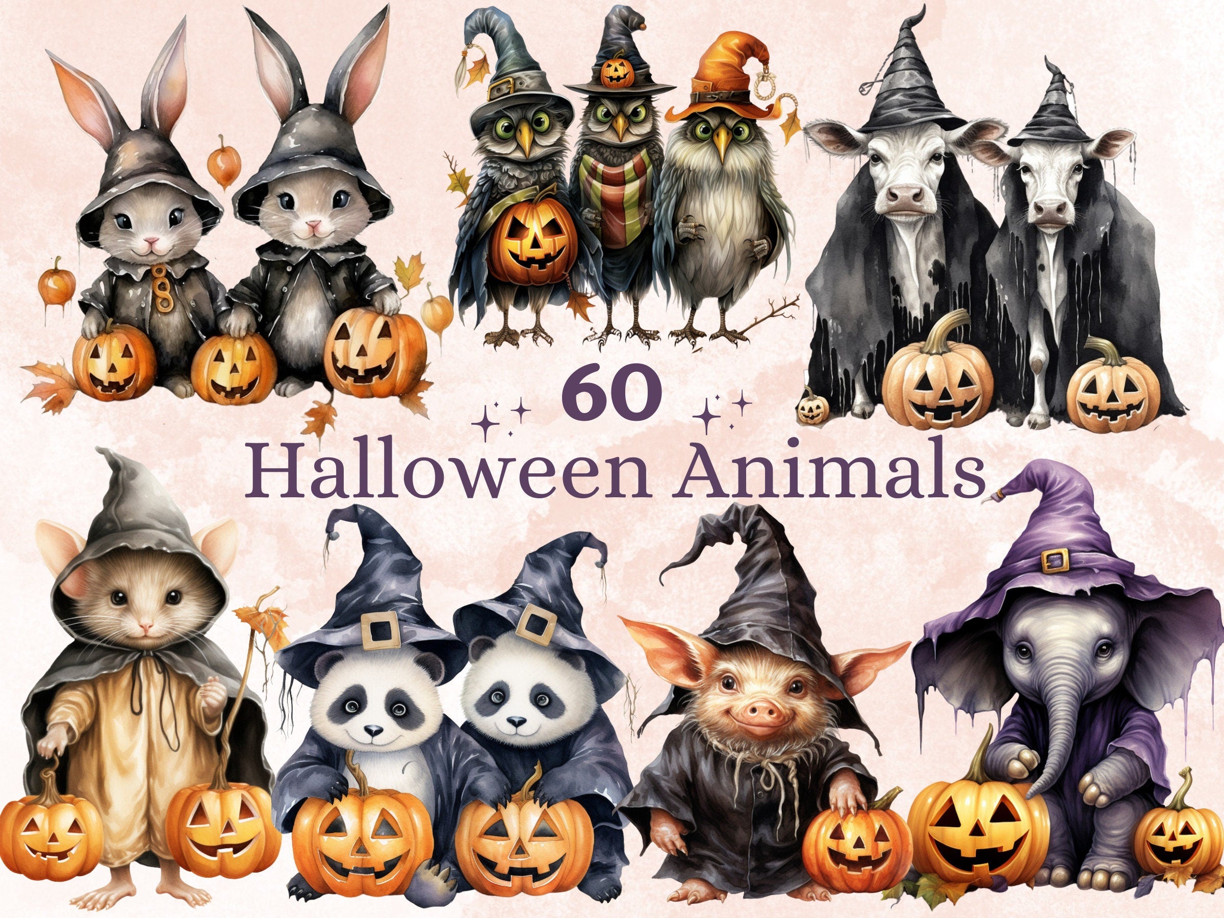 60 PNG Watercolor Halloween Animals Clipart, Cute Halloween Creatures Illustrations Clip art, Gothic Fall Animal png, Witchcraft Sublimation