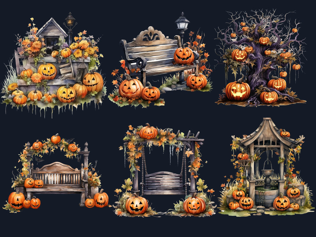 38 PNG Watercolor Halloween Garden Clipart, Halloween Tree Illustrations Clip art, Creepy Scarecrow png, Pumpkin Secret Garden Sublimation