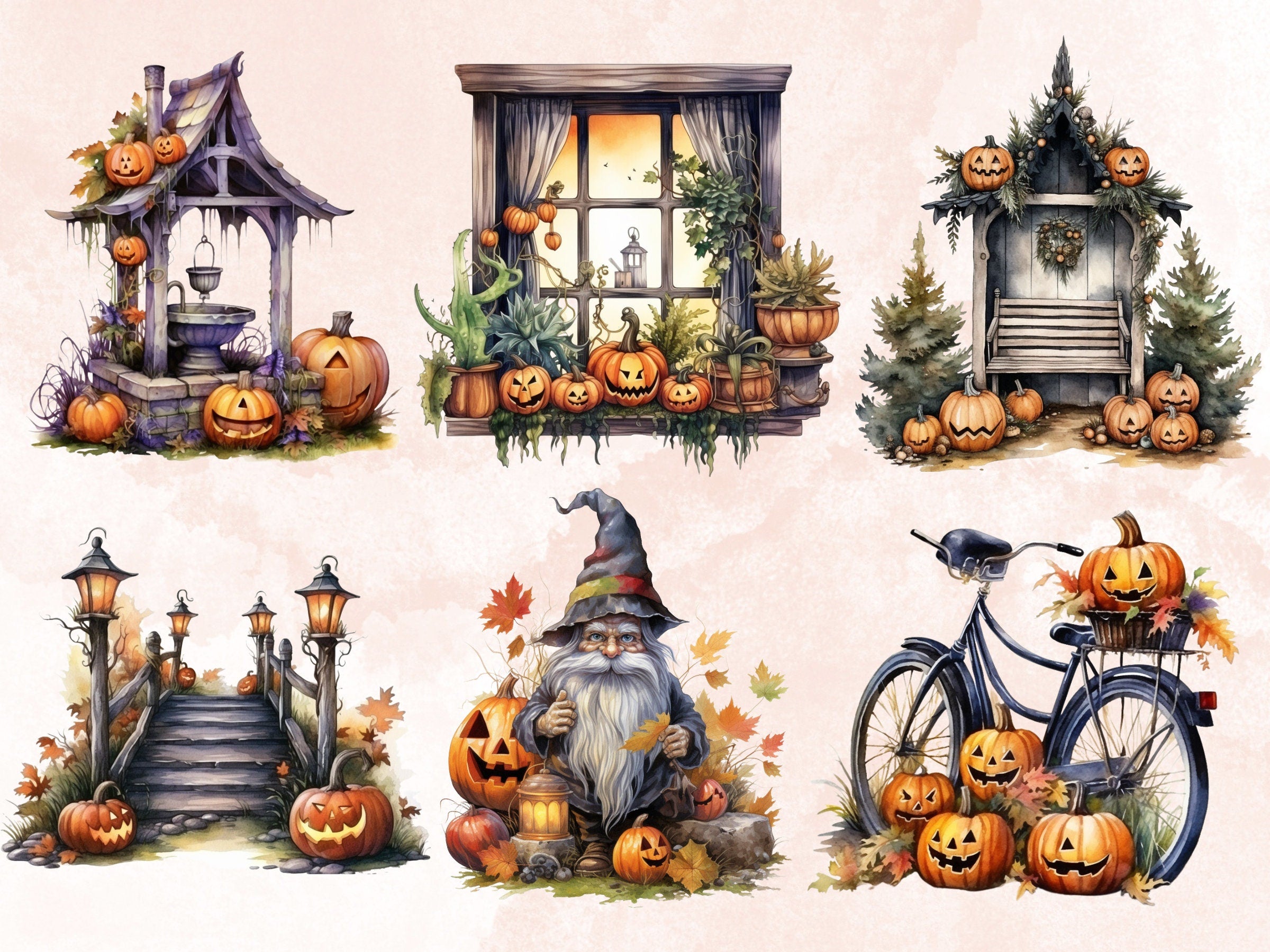 38 PNG Watercolor Halloween Garden Clipart, Halloween Tree Illustrations Clip art, Creepy Scarecrow png, Pumpkin Secret Garden Sublimation