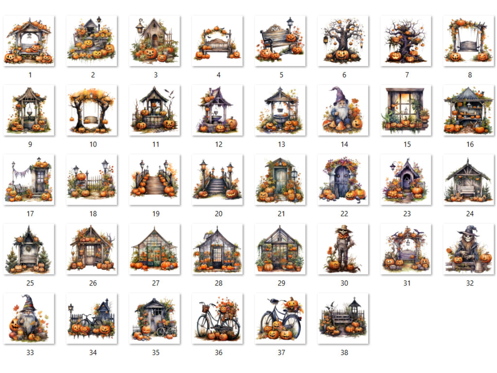 38 PNG Watercolor Halloween Garden Clipart, Halloween Tree Illustrations Clip art, Creepy Scarecrow png, Pumpkin Secret Garden Sublimation