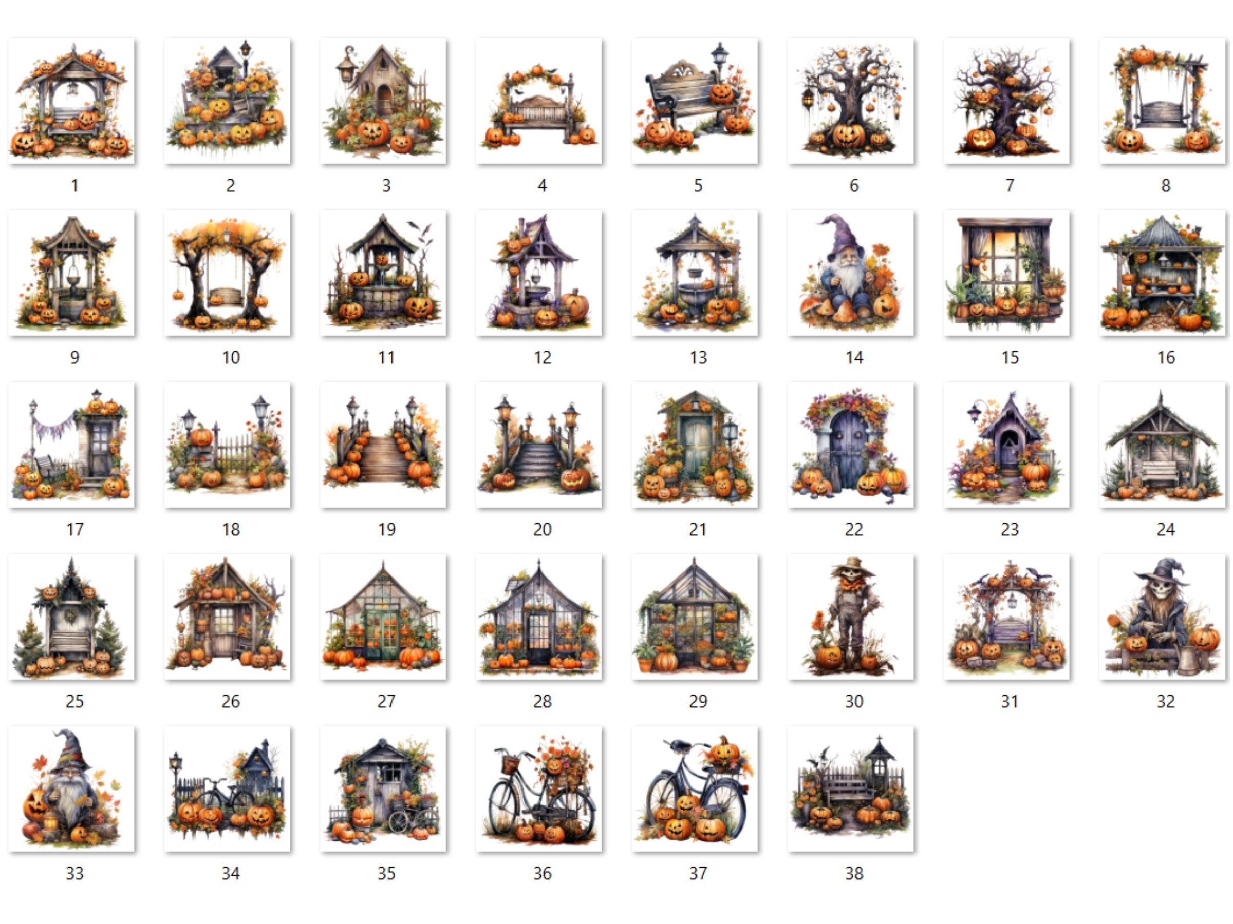 38 PNG Watercolor Halloween Garden Clipart, Halloween Tree Illustrations Clip art, Creepy Scarecrow png, Pumpkin Secret Garden Sublimation
