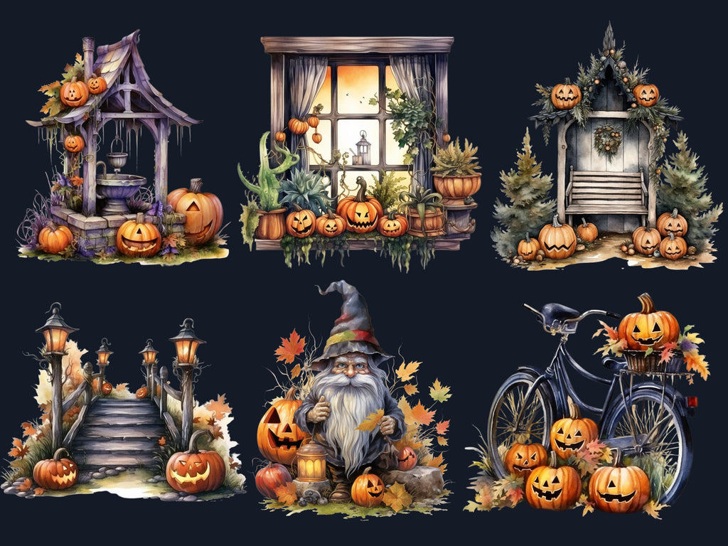 38 PNG Watercolor Halloween Garden Clipart, Halloween Tree Illustrations Clip art, Creepy Scarecrow png, Pumpkin Secret Garden Sublimation