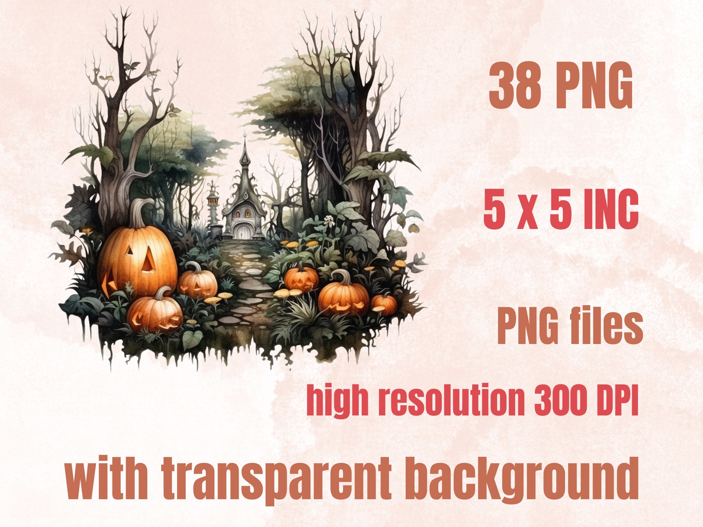 38 PNG Watercolor Halloween Forest Clipart, Halloween Woodland Illustrations Clip art, Gothic Pumpkin Tree png, Forest Landscape Sublimation