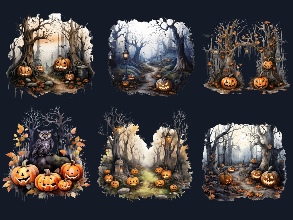 38 PNG Watercolor Halloween Forest Clipart, Halloween Woodland Illustrations Clip art, Gothic Pumpkin Tree png, Forest Landscape Sublimation