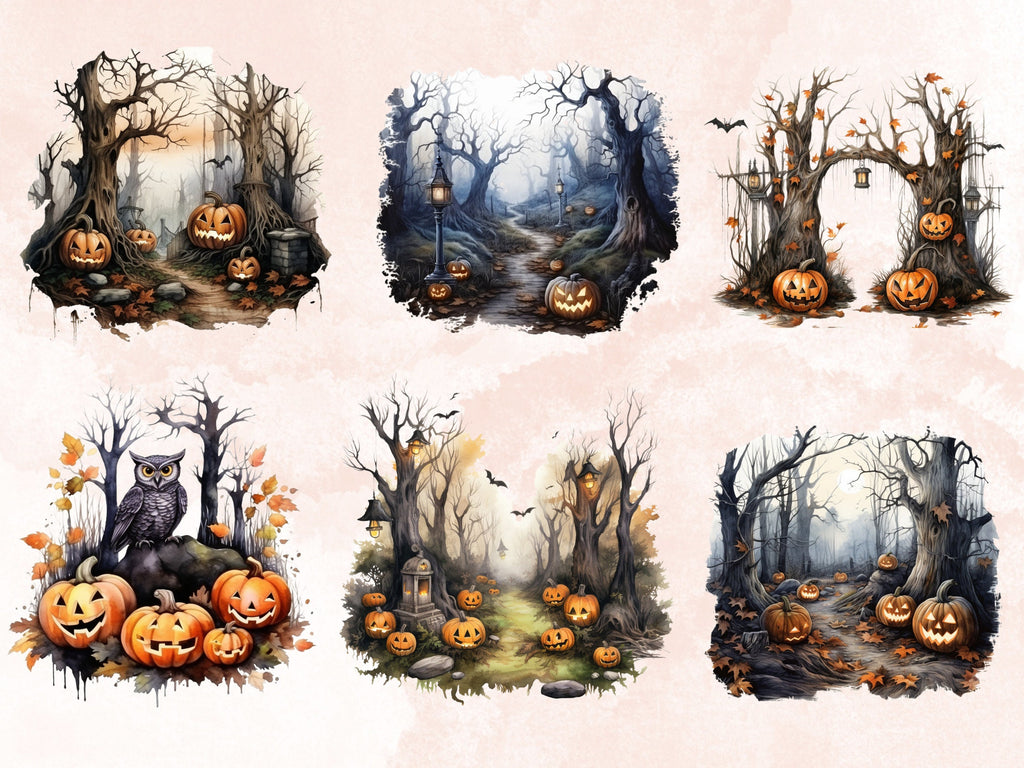 38 PNG Watercolor Halloween Forest Clipart, Halloween Woodland Illustrations Clip art, Gothic Pumpkin Tree png, Forest Landscape Sublimation