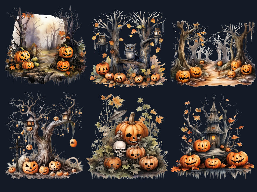 38 PNG Watercolor Halloween Forest Clipart, Halloween Woodland Illustrations Clip art, Gothic Pumpkin Tree png, Forest Landscape Sublimation