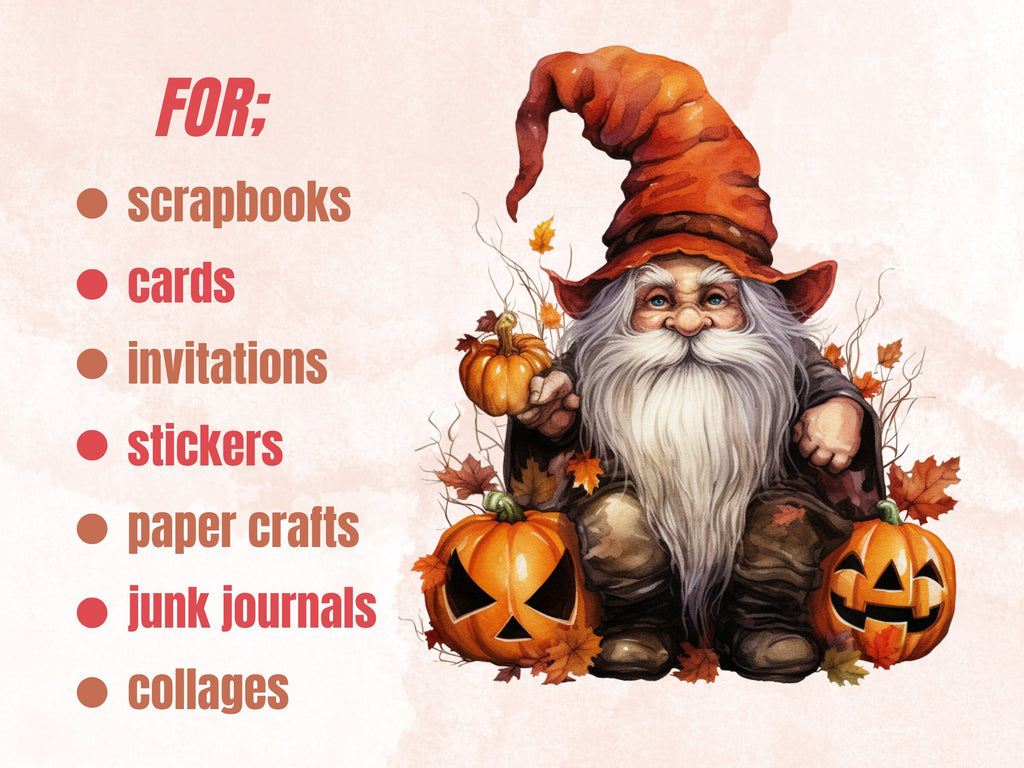 50 PNG Watercolor Halloween Gnomes Clipart, Cute Halloween Illustrations Clip art, Fall Garden Gnome png, Pumpkin Gnome Girl Sublimation