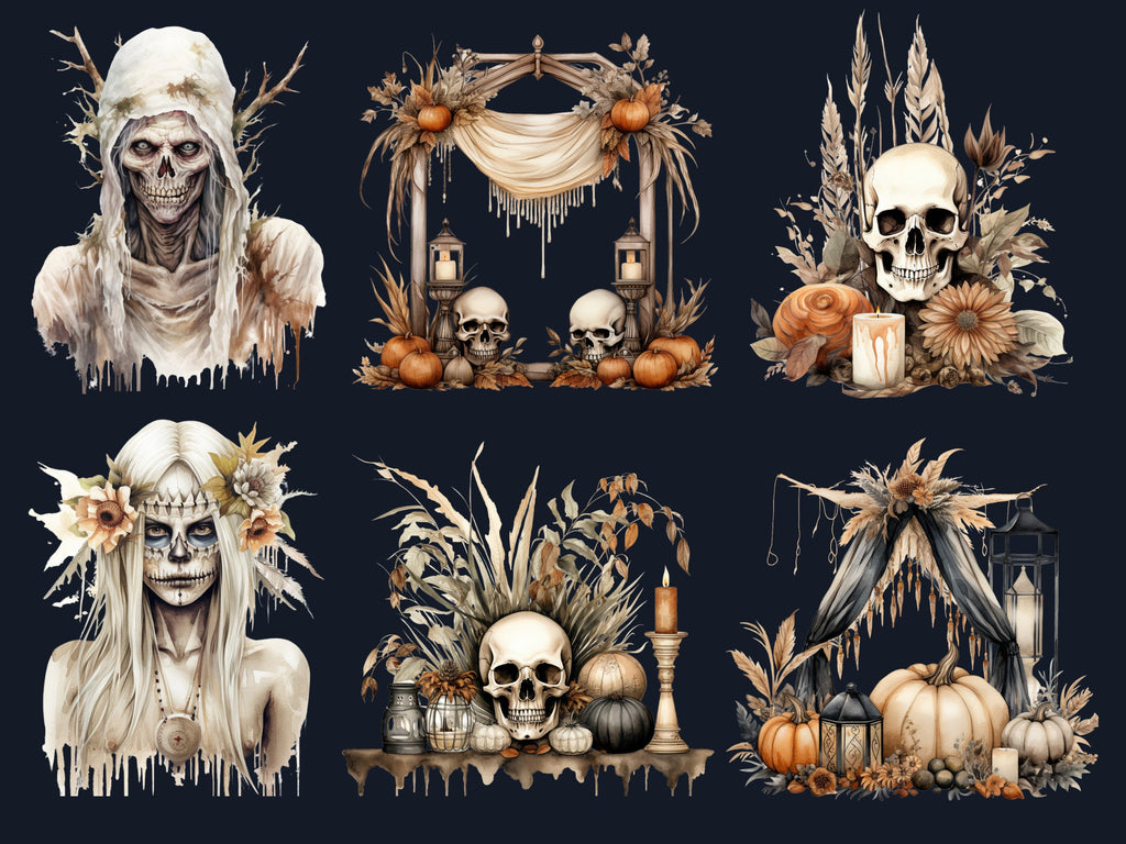60 PNG Watercolor Boho Halloween Bundle Clipart, Bohemian Halloween Illustrations Clip art, Skeleton png, Creepy Witchcraft Sublimation