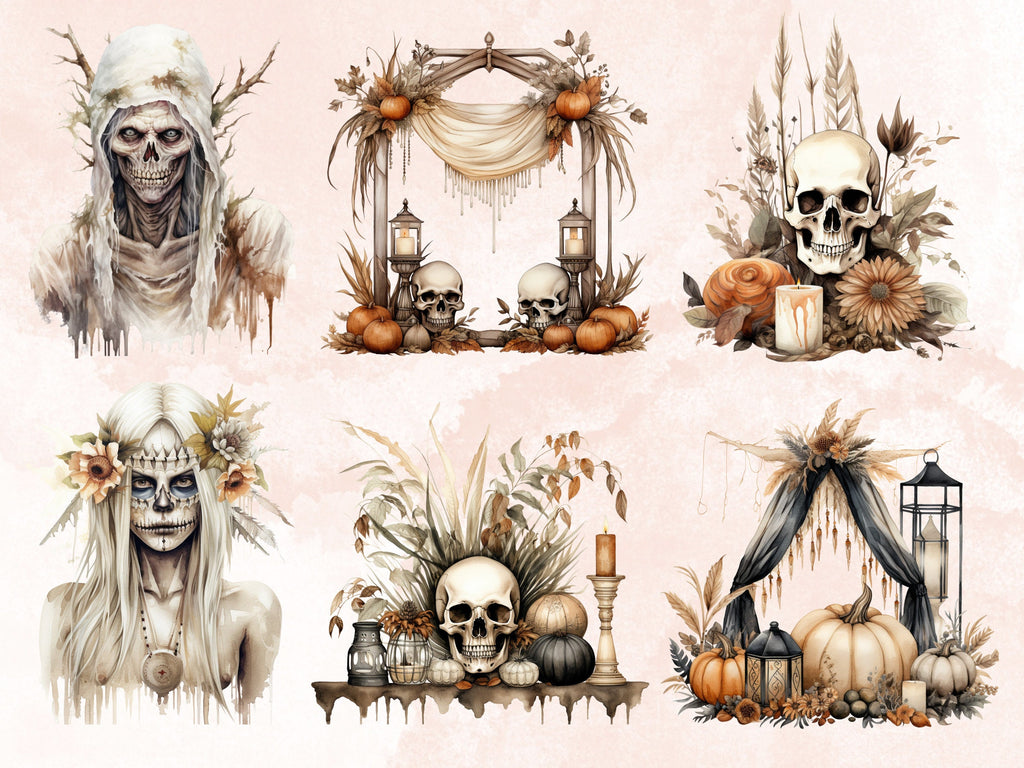 60 PNG Watercolor Boho Halloween Bundle Clipart, Bohemian Halloween Illustrations Clip art, Skeleton png, Creepy Witchcraft Sublimation