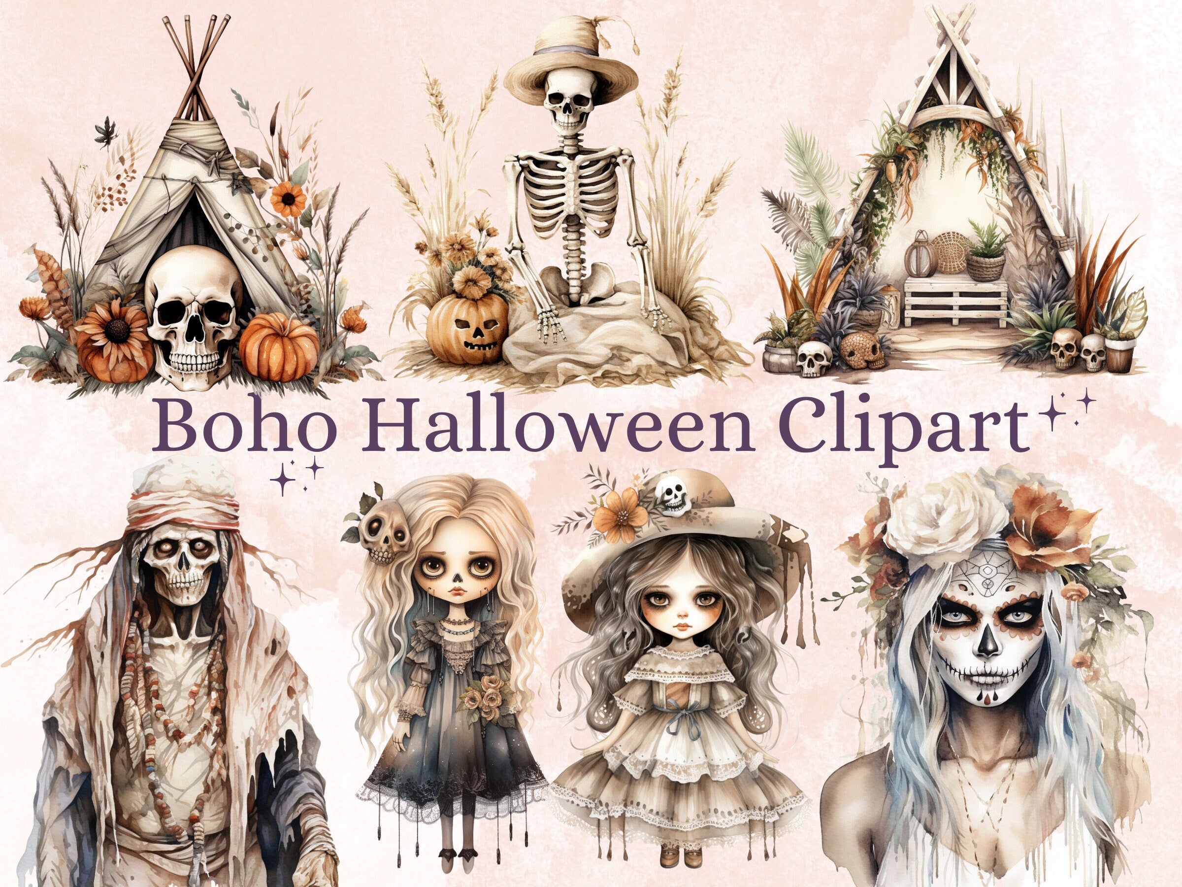 60 PNG Watercolor Boho Halloween Bundle Clipart, Bohemian Halloween Illustrations Clip art, Skeleton png, Creepy Witchcraft Sublimation