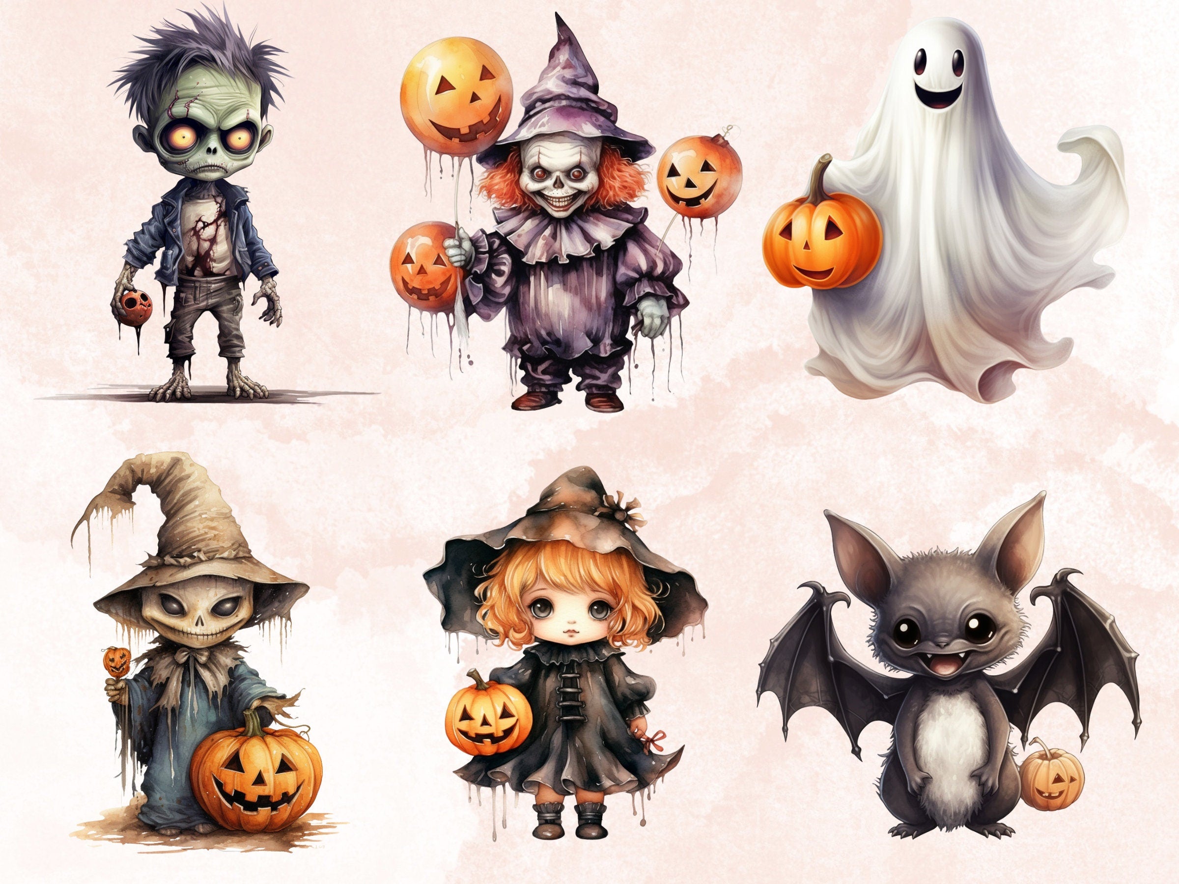 50 PNG Watercolor Cute Halloween Bundle Clipart, Kawaii Halloween Illustrations Clip art, Cute Ghost Zombie png, Spooky Season Sublimation