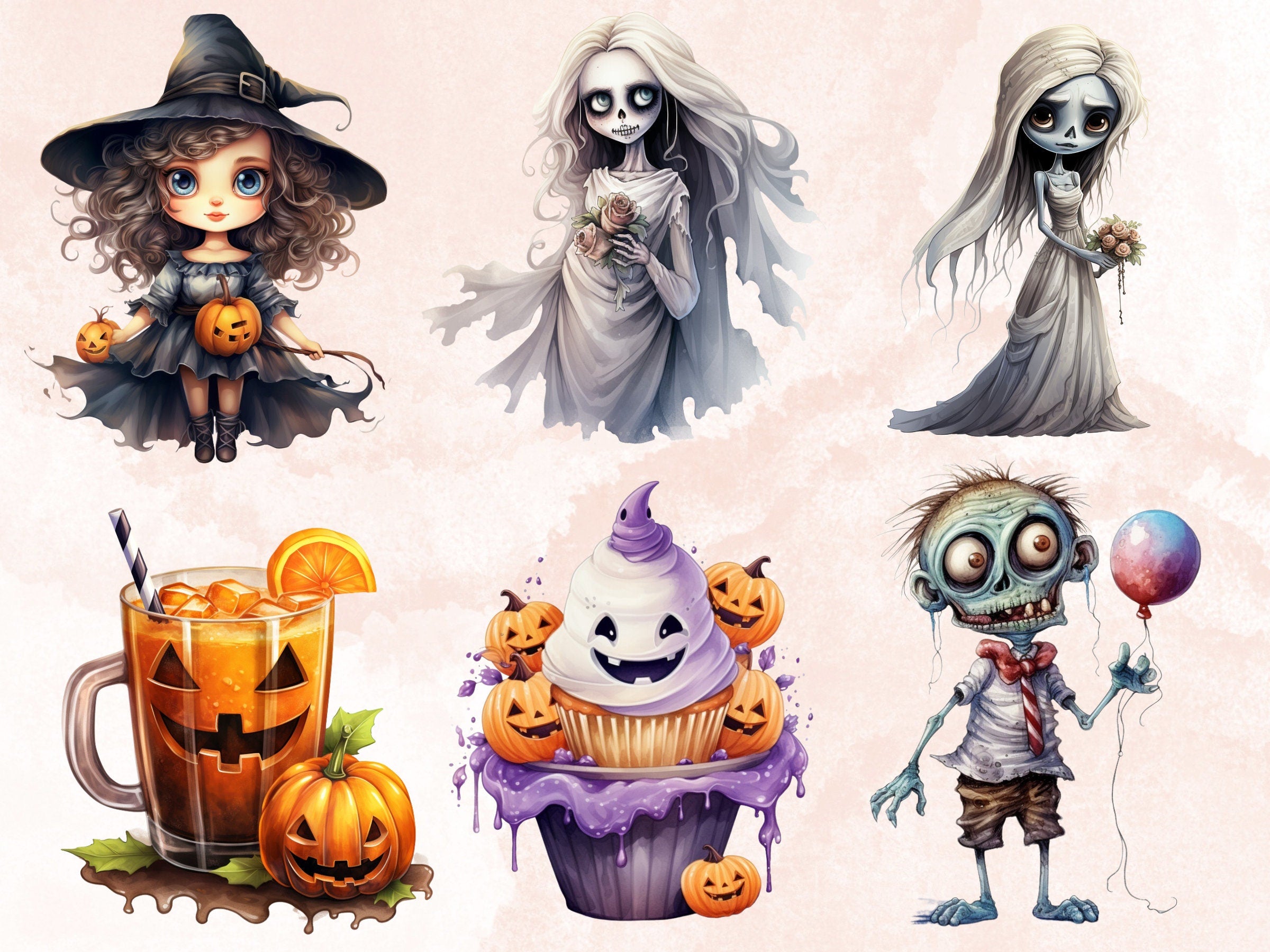 50 PNG Watercolor Cute Halloween Bundle Clipart, Kawaii Halloween Illustrations Clip art, Cute Ghost Zombie png, Spooky Season Sublimation