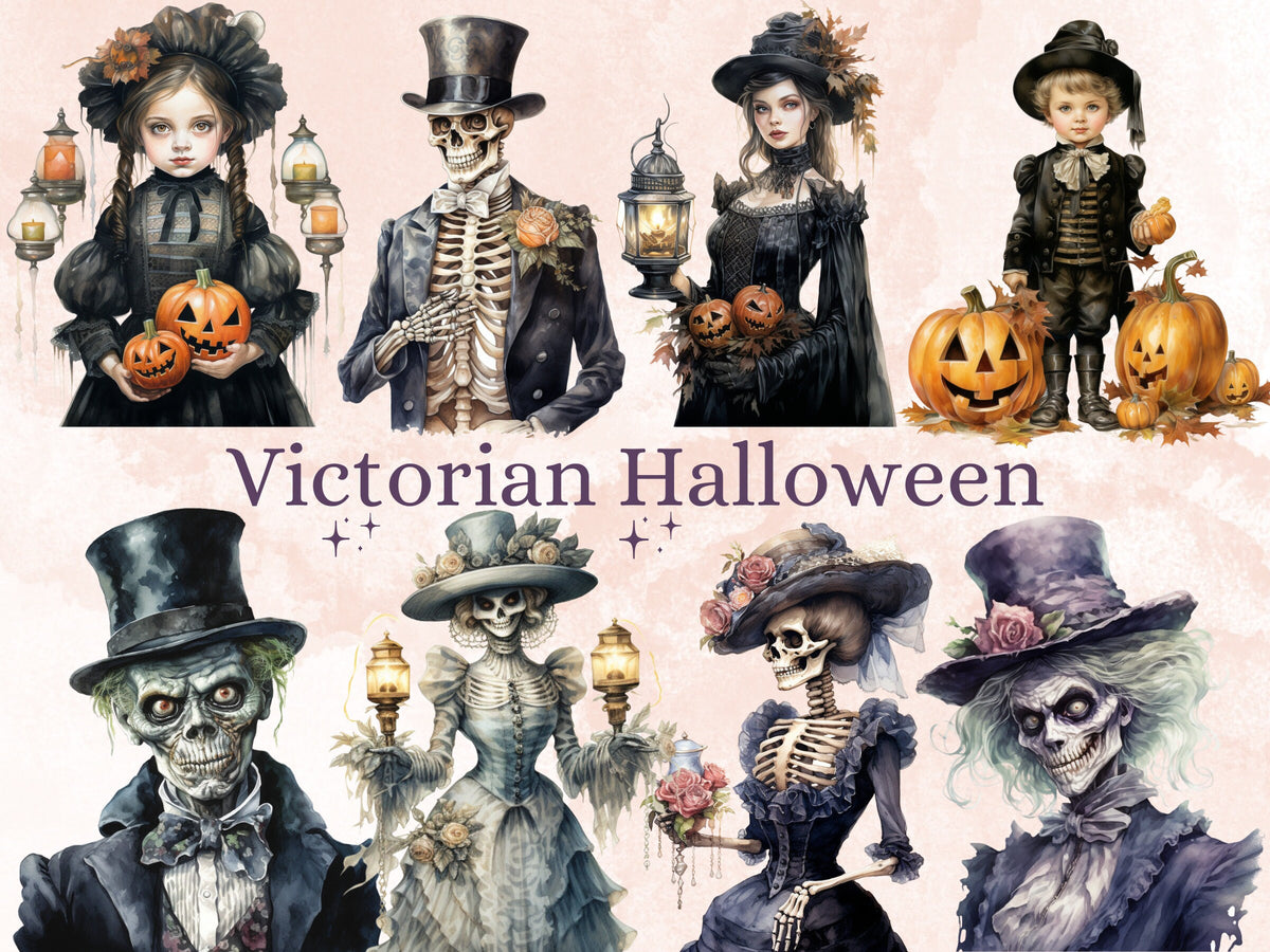 40 PNG Watercolor Victorian Halloween Bundle Clipart, Vintage Creepy Halloween Illustration Clip art, Retro Gothic png, Skeleton Sublimation