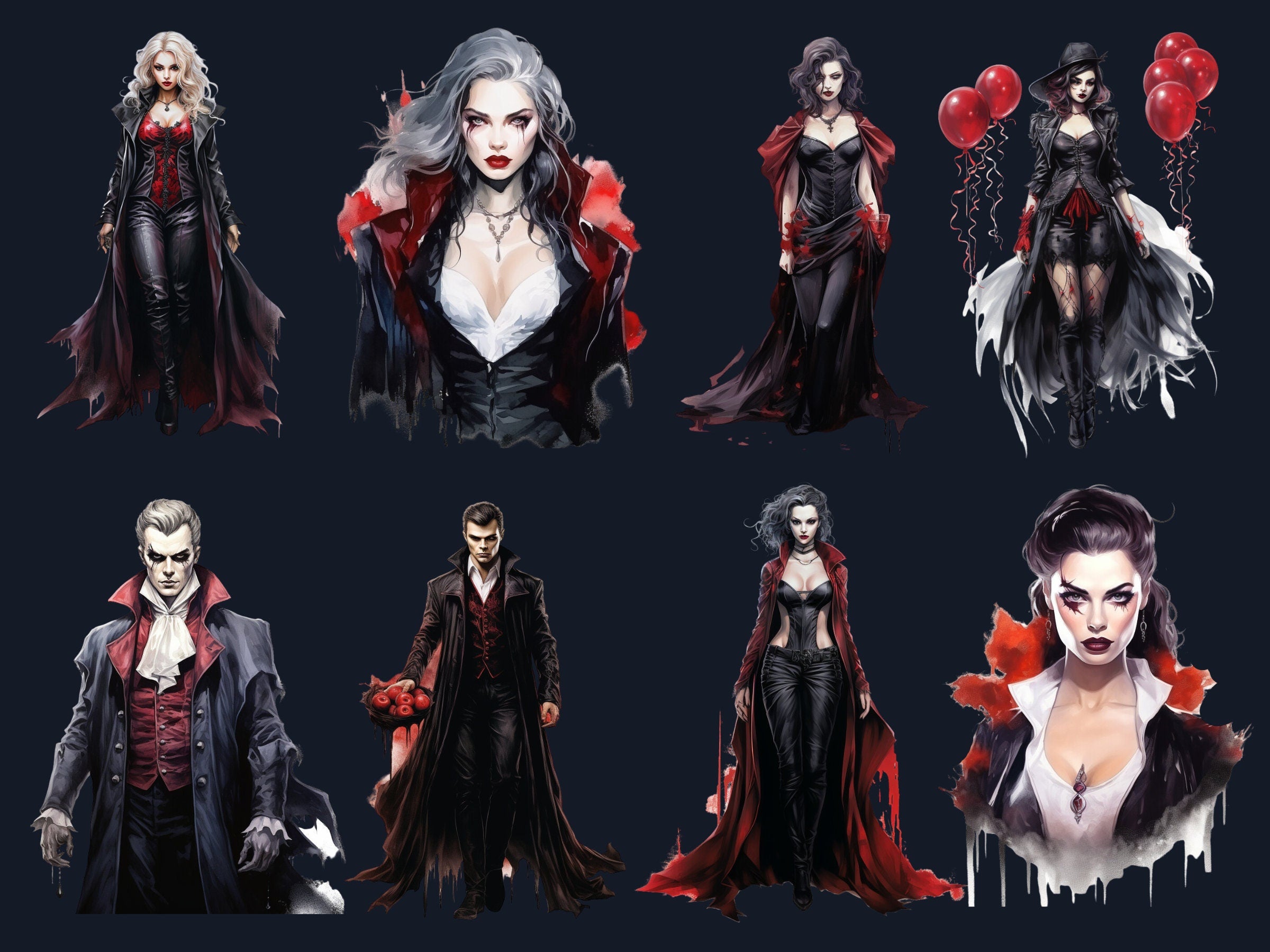 45 PNG Watercolor Halloween Vampires Clipart, Horror Halloween Illustrations Clip art, Spooky Gothic Vampire png, Dark Fantasy Sublimation