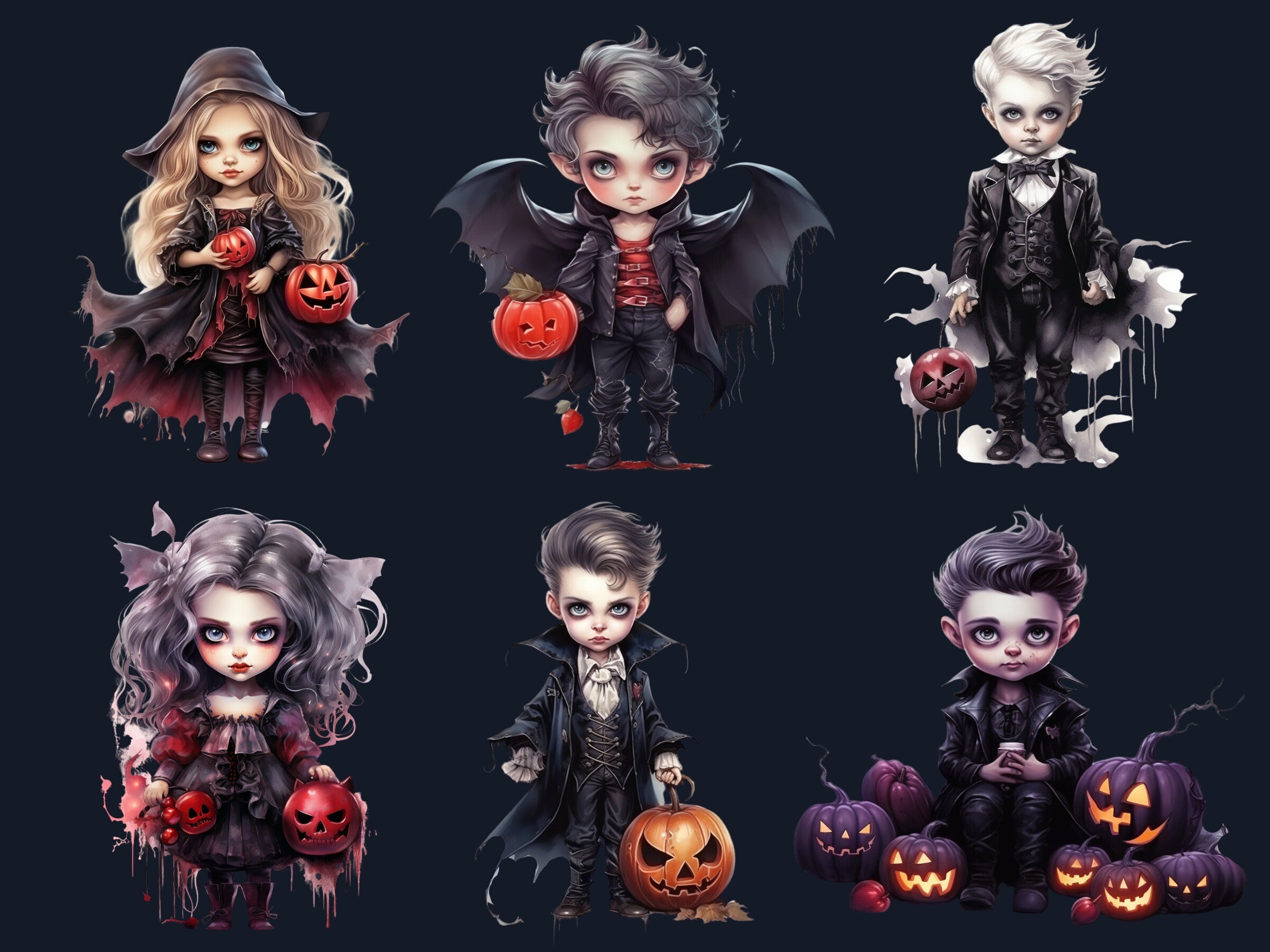 28 PNG Watercolor Little Vampires Clipart, Cute Creepy Halloween Illustrations Clip art, Gothic Baby Vampire png, Dark Fantasy Sublimation
